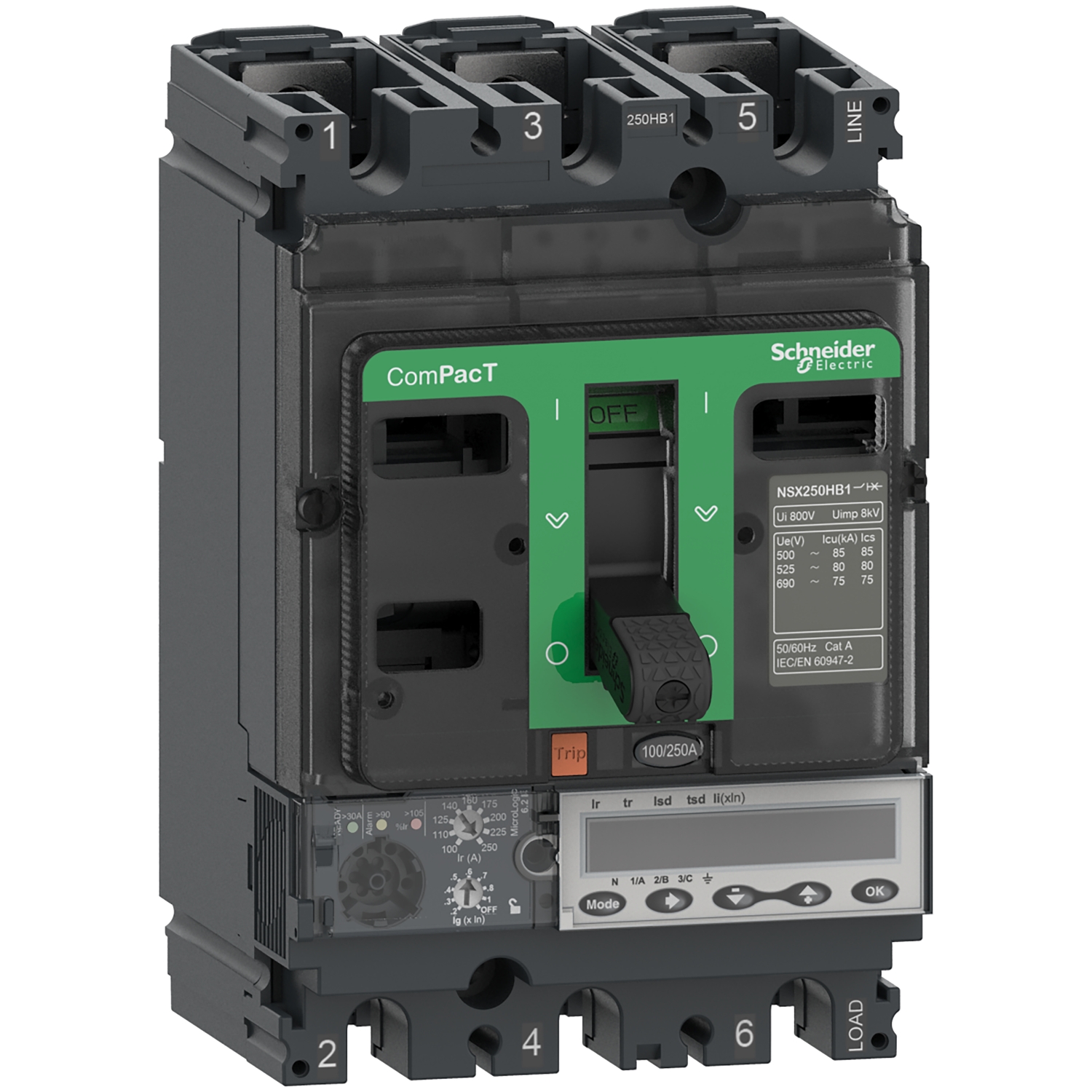 Circuit breaker ComPacT NSX250HB1, 75kA at 690VAC, MicroLogic 6.2 E trip unit 160A, 3 poles 3d