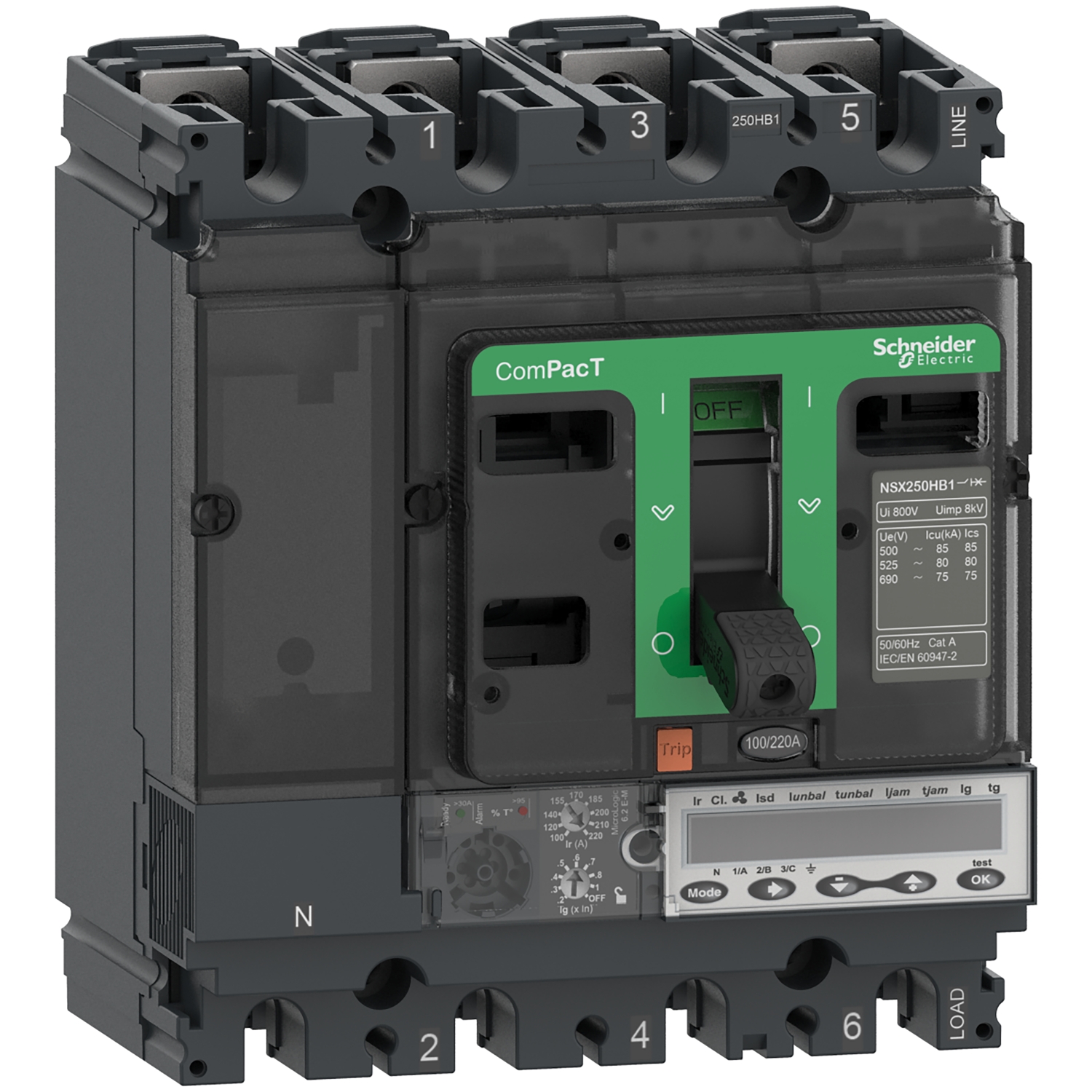 Circuit breaker ComPacT NSX250R, 200kA at 415VAC, MicroLogic 6.2 E-M trip unit 150A, 3 poles 3d