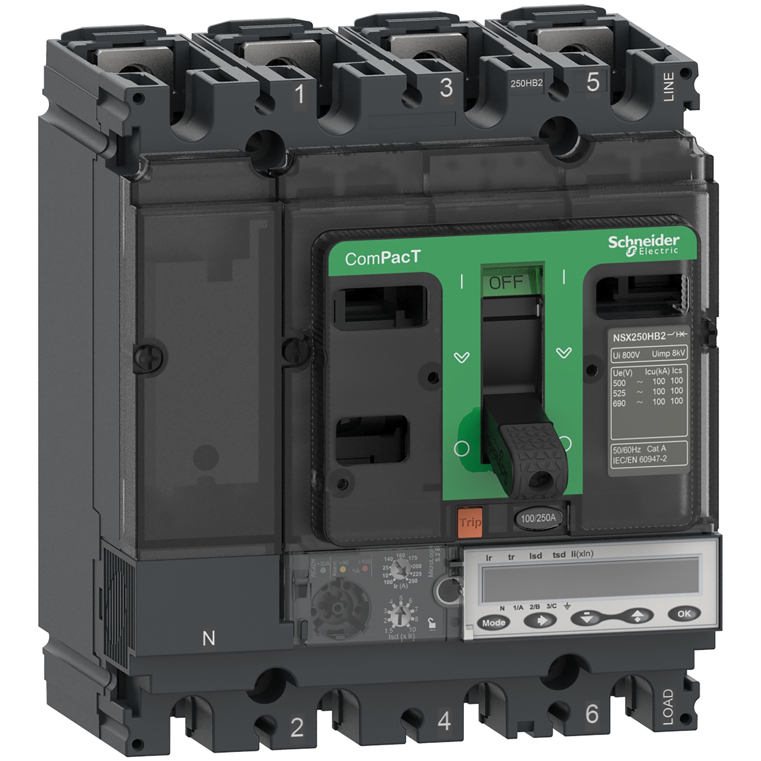 Circuit breaker ComPacT NSX250R, 200kA at 415VAC, MicroLogic 5.2 E trip unit 250A, 4 poles 4d