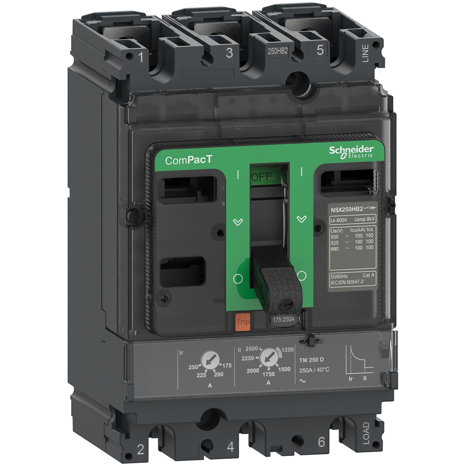 Circuit breaker ComPacT NSX250B, 25kA at 415VAC, TMD trip unit 250A, 3 poles 3d