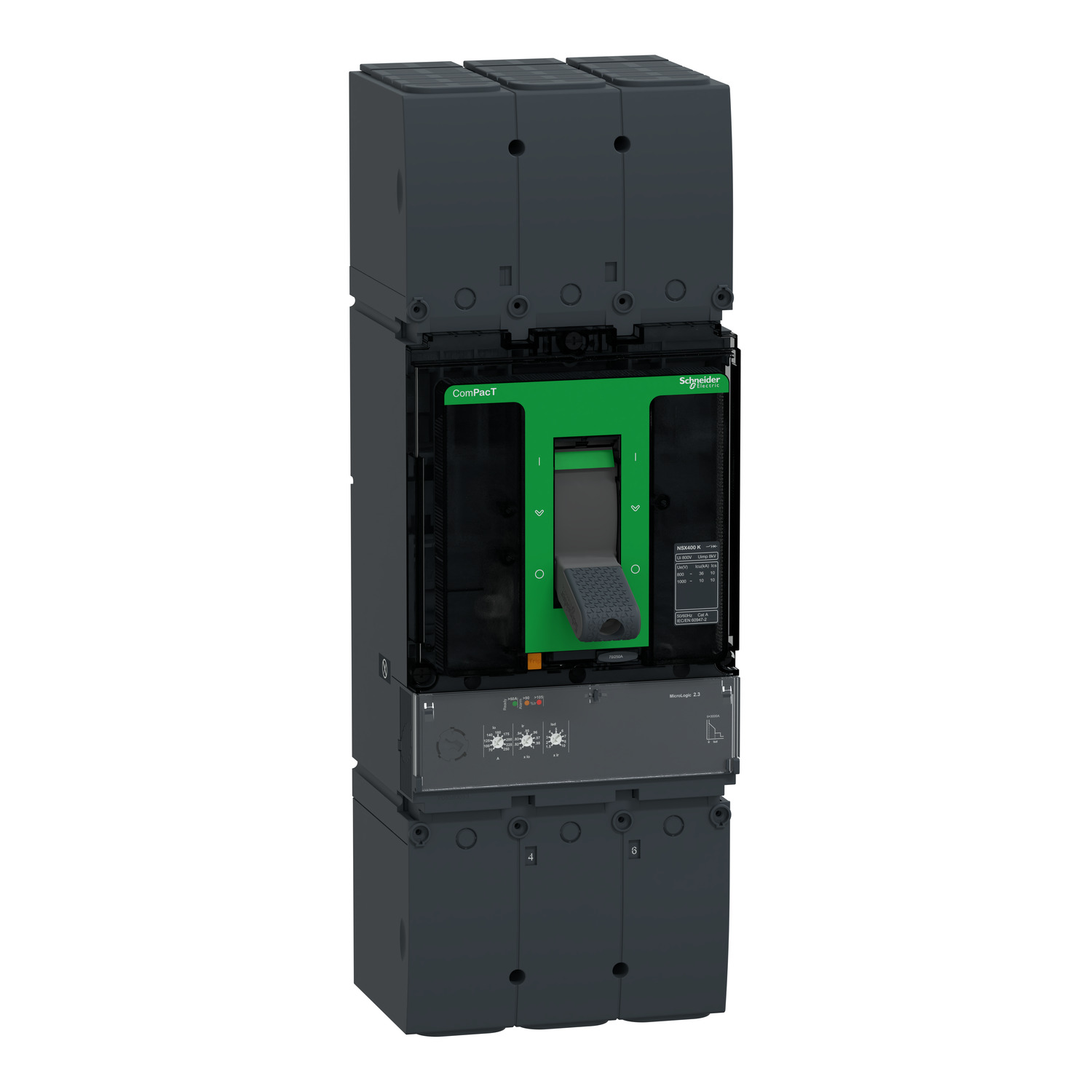 C40K32D400 – Circuit breaker ComPacT NSX400K, 36kA at 800VAC, 10kA at 1000VAC, MicroLogic 2.3 trip unit, 400A, 3 poles 3d…