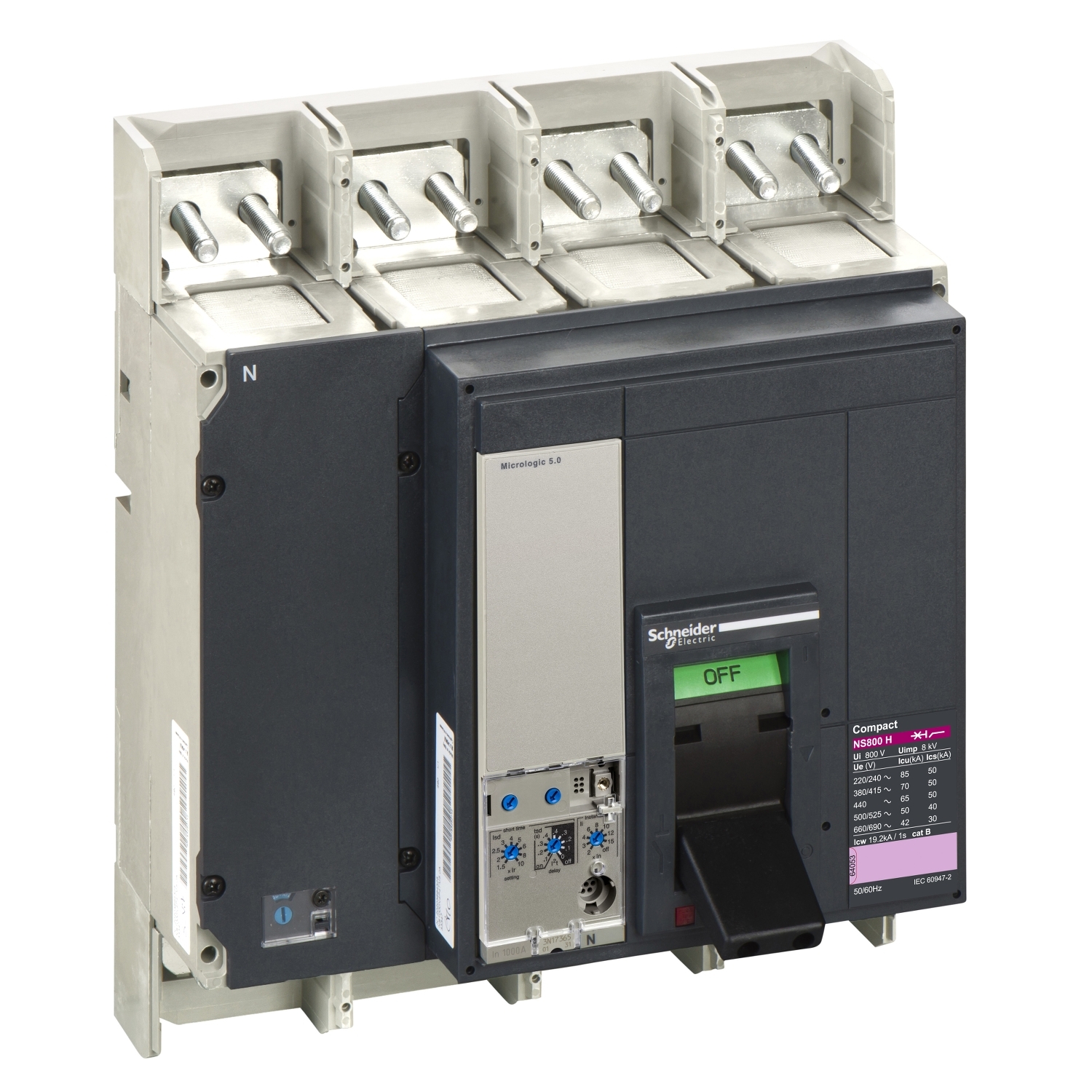 Circuit breaker ComPact NS800H, 70 kA at 415 VAC, Micrologic 5.0 trip unit, 800 A, fixed,4 poles 4d
