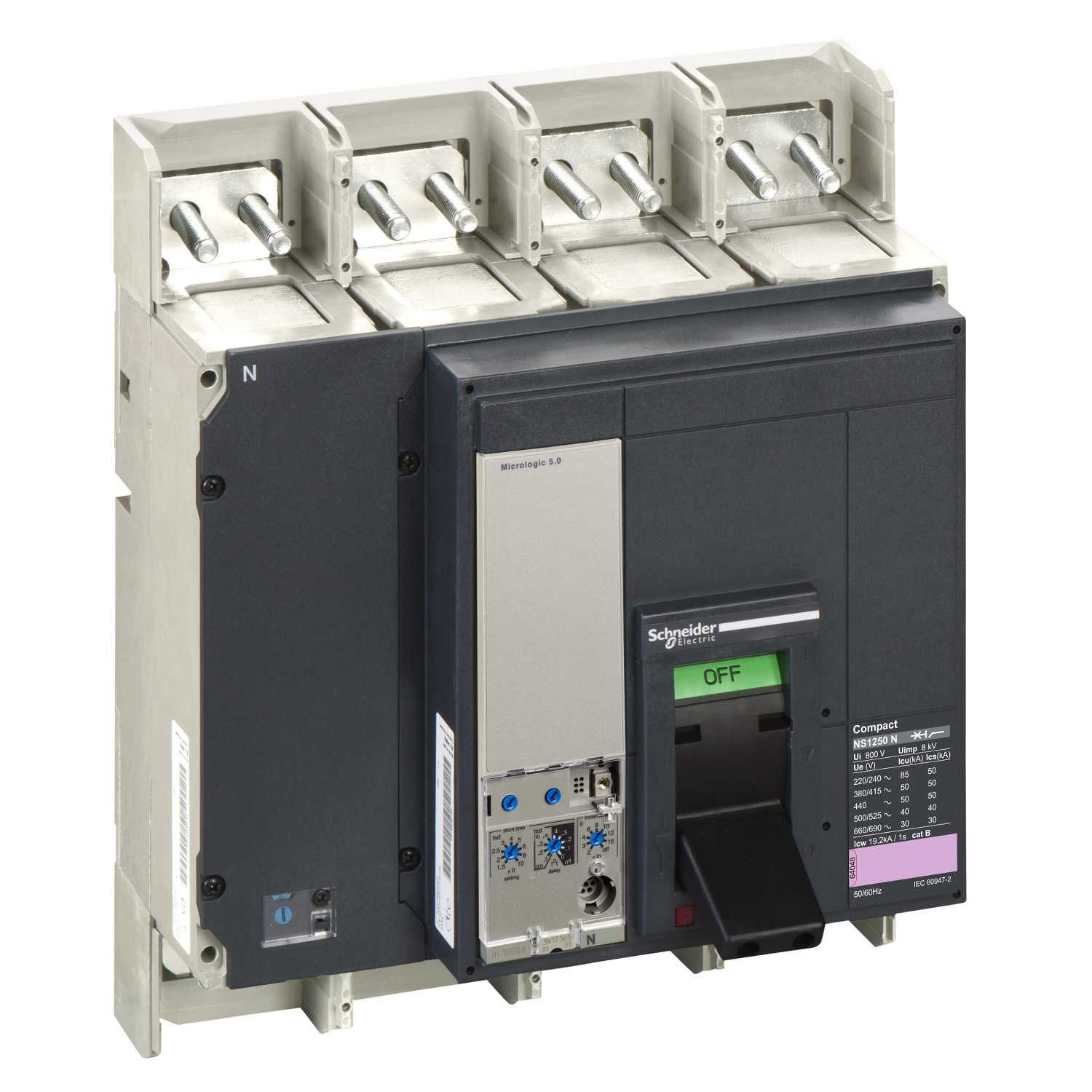 Circuit breaker ComPact NS1250N, 50 kA at 415 VAC, Micrologic 5.0 trip unit, 1250 A, fixed,4 poles 4d