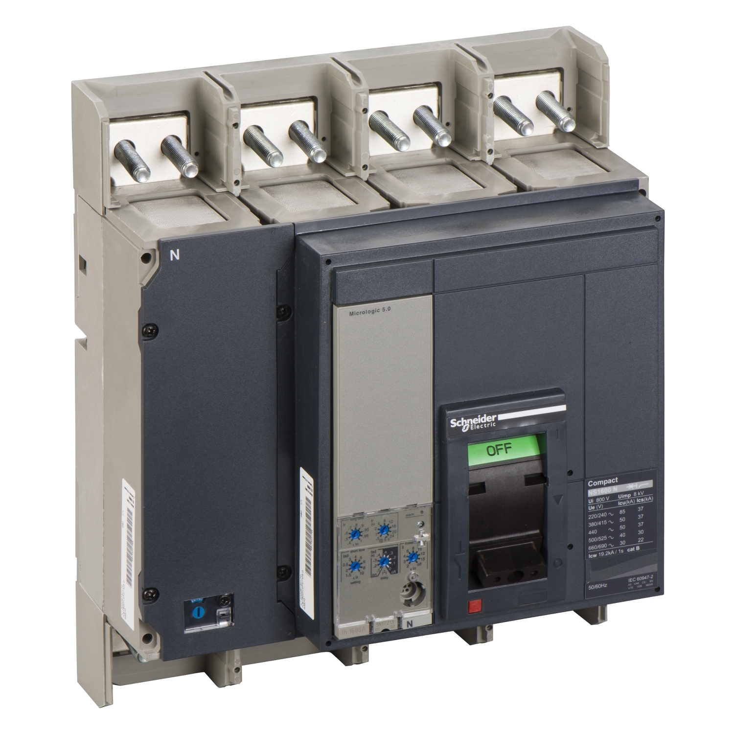 Circuit breaker ComPact NS1600N, 50 kA at 415 VAC, Micrologic 5.0 trip unit, 1600 A, fixed,4 poles 4d