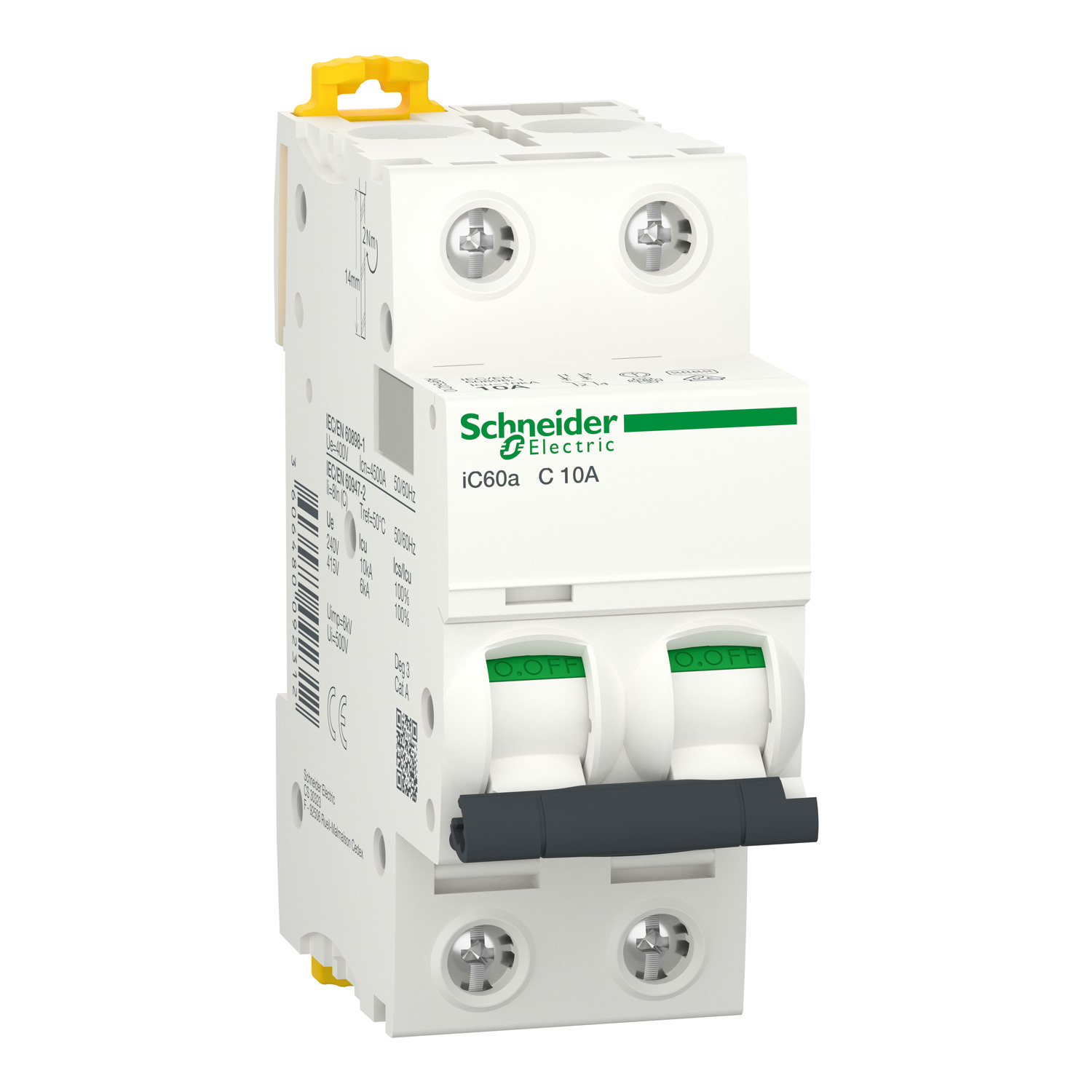 Miniature circuit-breaker, Acti9 iC60a, 2 pole, 10 A, C curve, 4500 A (IEC 60898-1), 6 kA (IEC 60947-2)