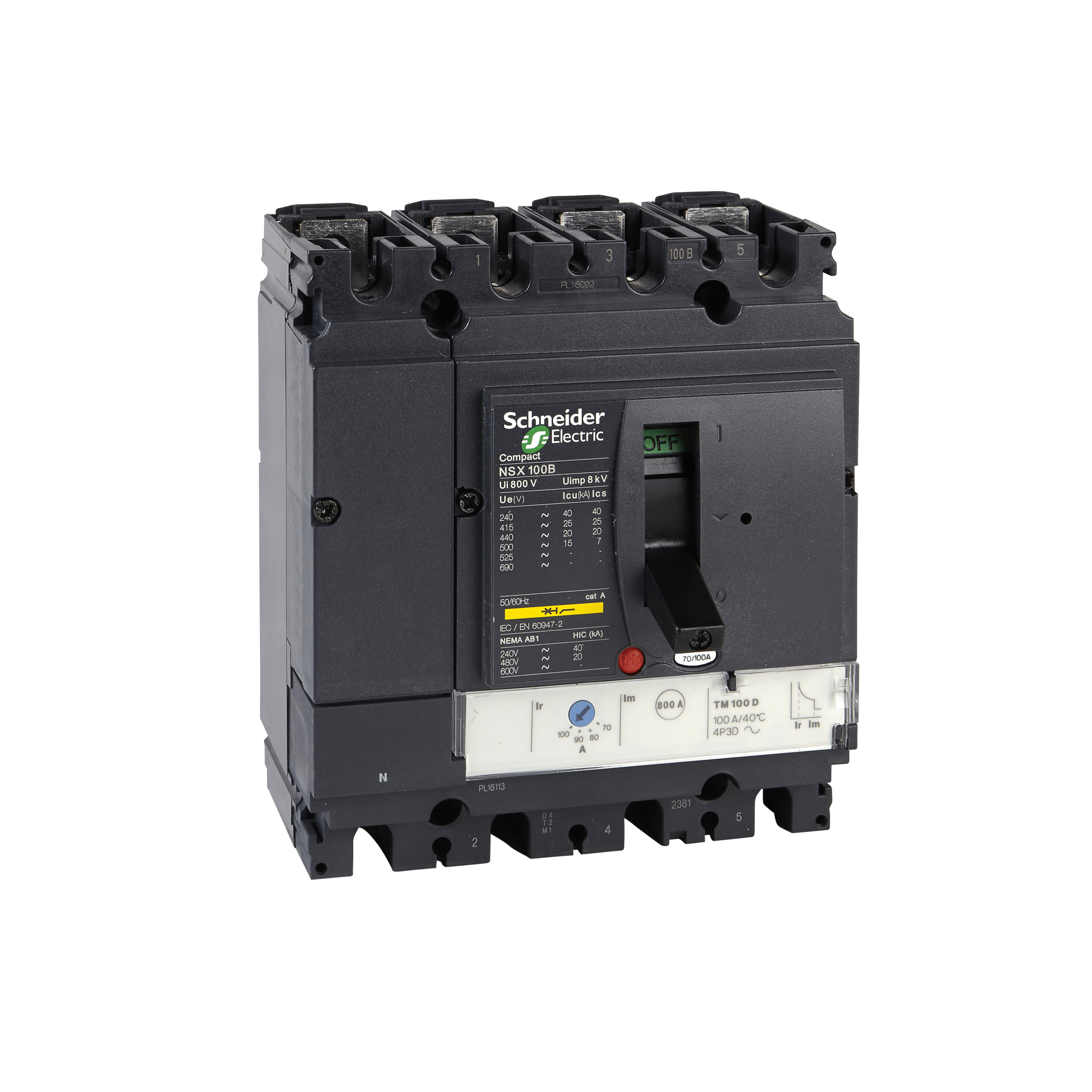 circuit breaker ComPact NSX100N, 50 kA at 415 VAC, TMD trip unit 63 A, 4 poles 3d