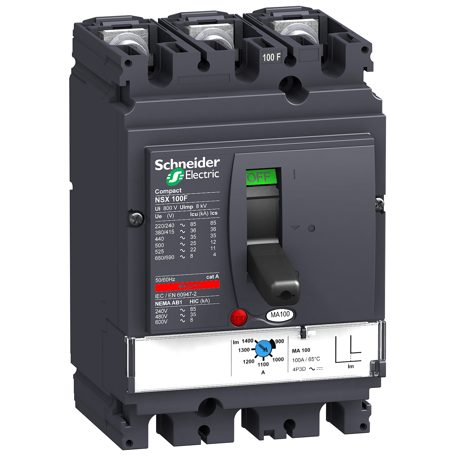 circuit breaker ComPact NSX100F, 36 kA at 415 VAC, MA trip unit 6.3 A, 3 poles 3d