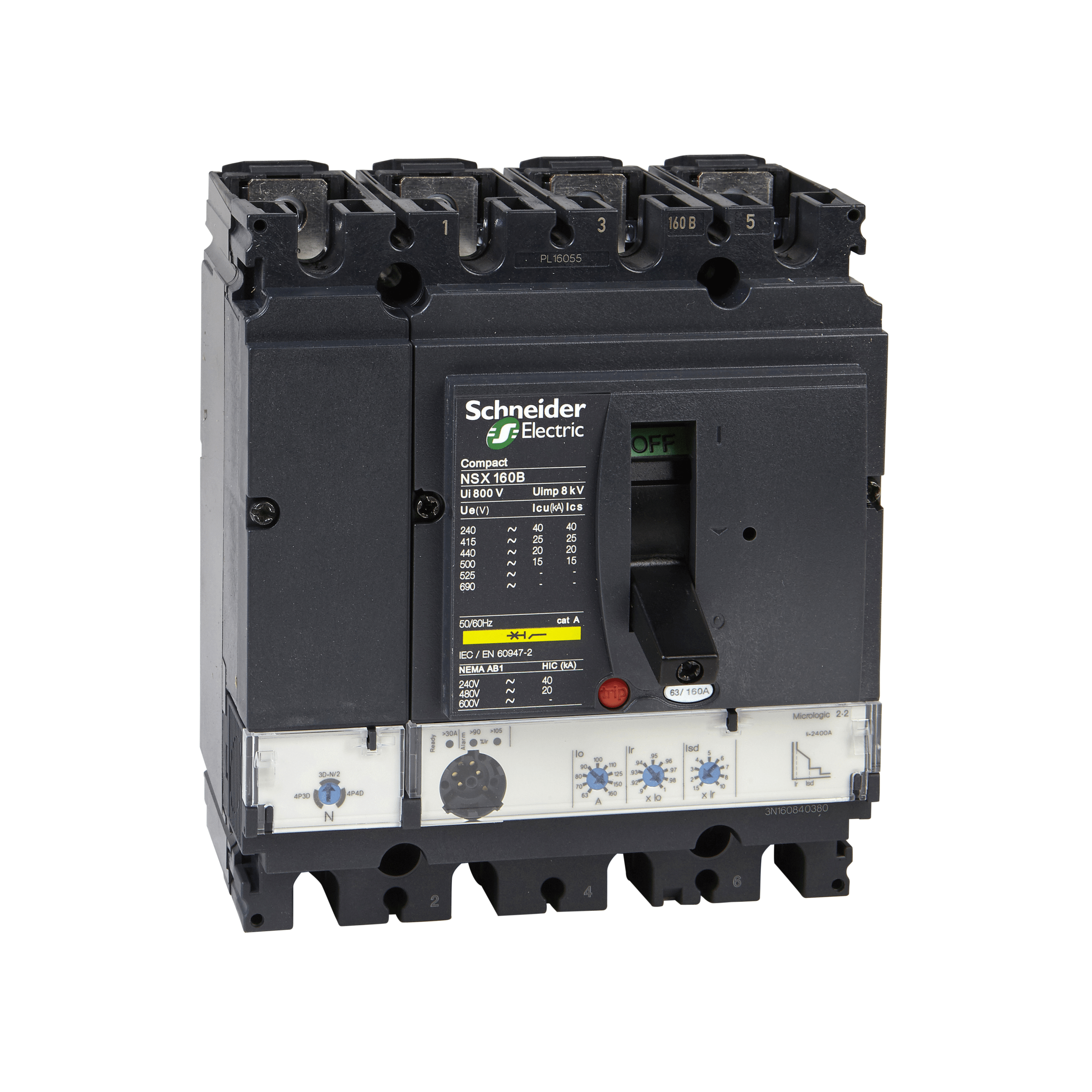 circuit breaker ComPact NSX100B, 25 kA at 415 VAC, MicroLogic 2.2 trip unit 100 A, 4 poles 4d