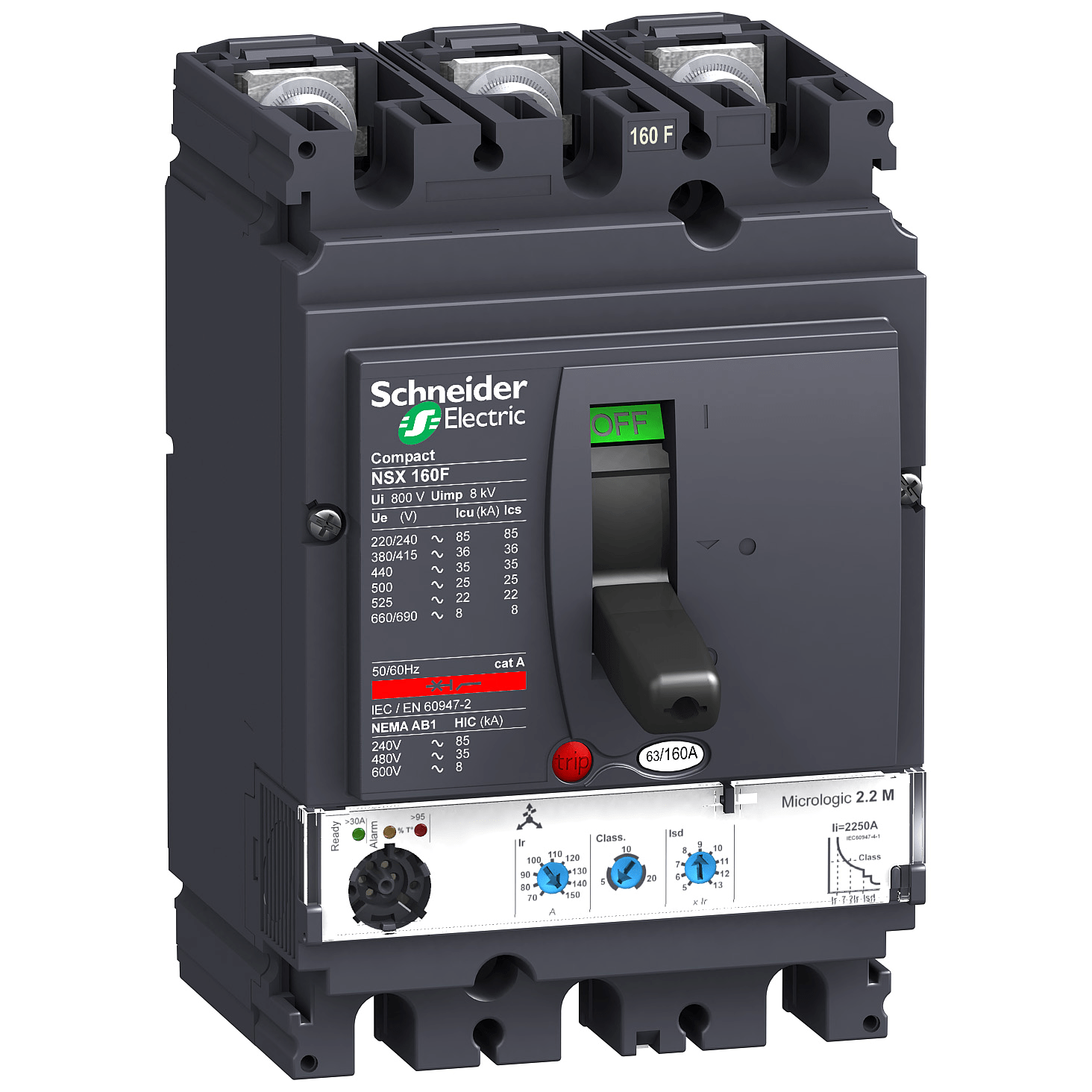 LV430770 – Circuit breaker ComPact NSX160F, 36 kA at 415 VAC, MicroLogic 2.2 trip unit 160 A, 3 poles 3d | Schneider Electric