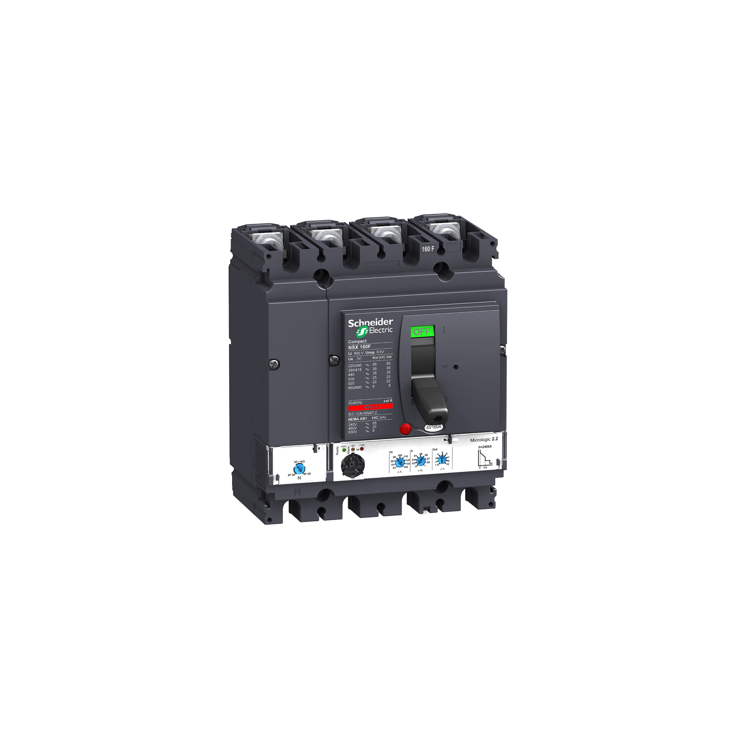 circuit breaker ComPact NSX160F, 36 kA at 415 VAC, MicroLogic 2.2 trip unit 160 A, 4 poles 4d