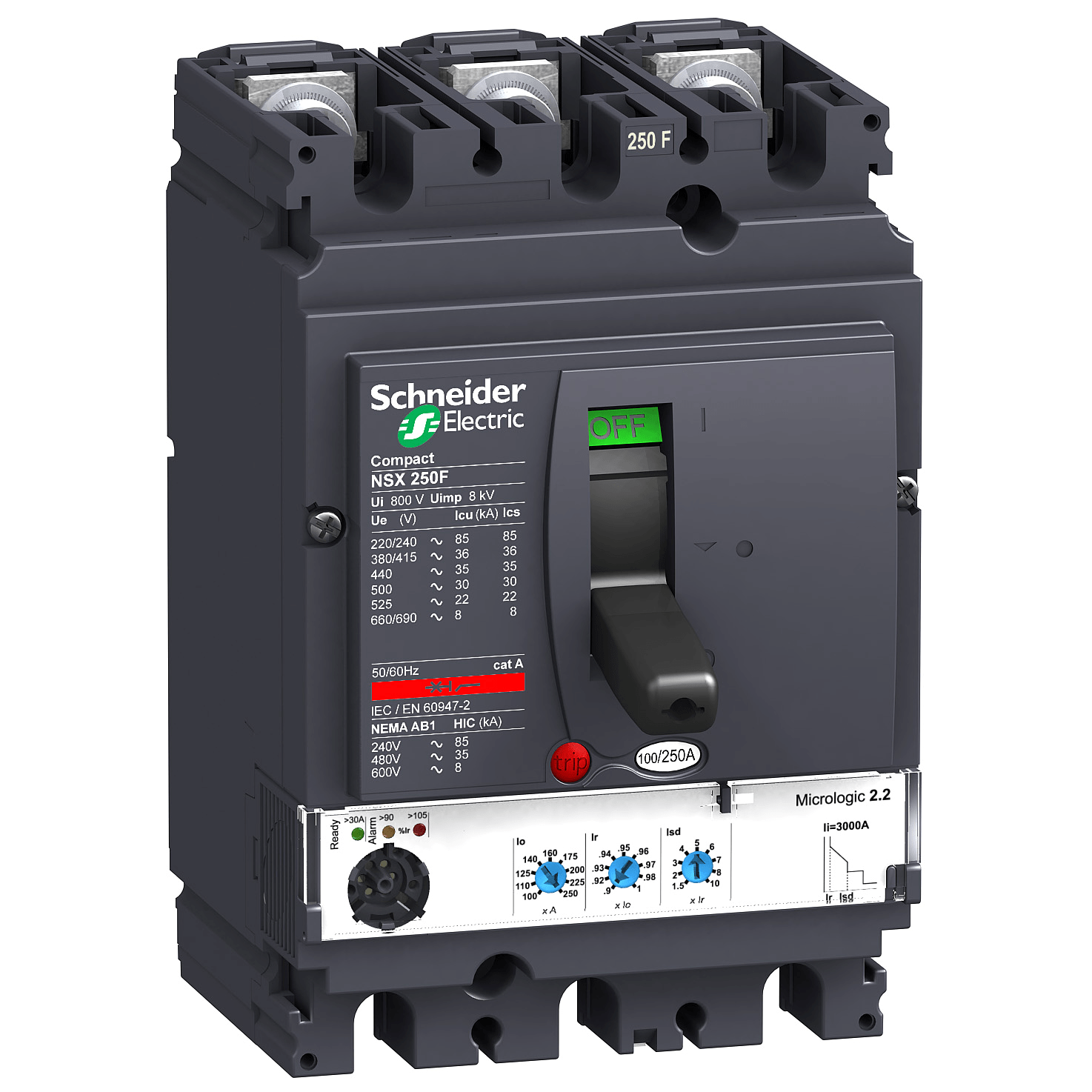 LV431771 – Circuit breaker ComPact NSX250F, 36 kA at 415 VAC, MicroLogic 2.2 trip unit 160 A, 3 poles 3d | Schneider Electric