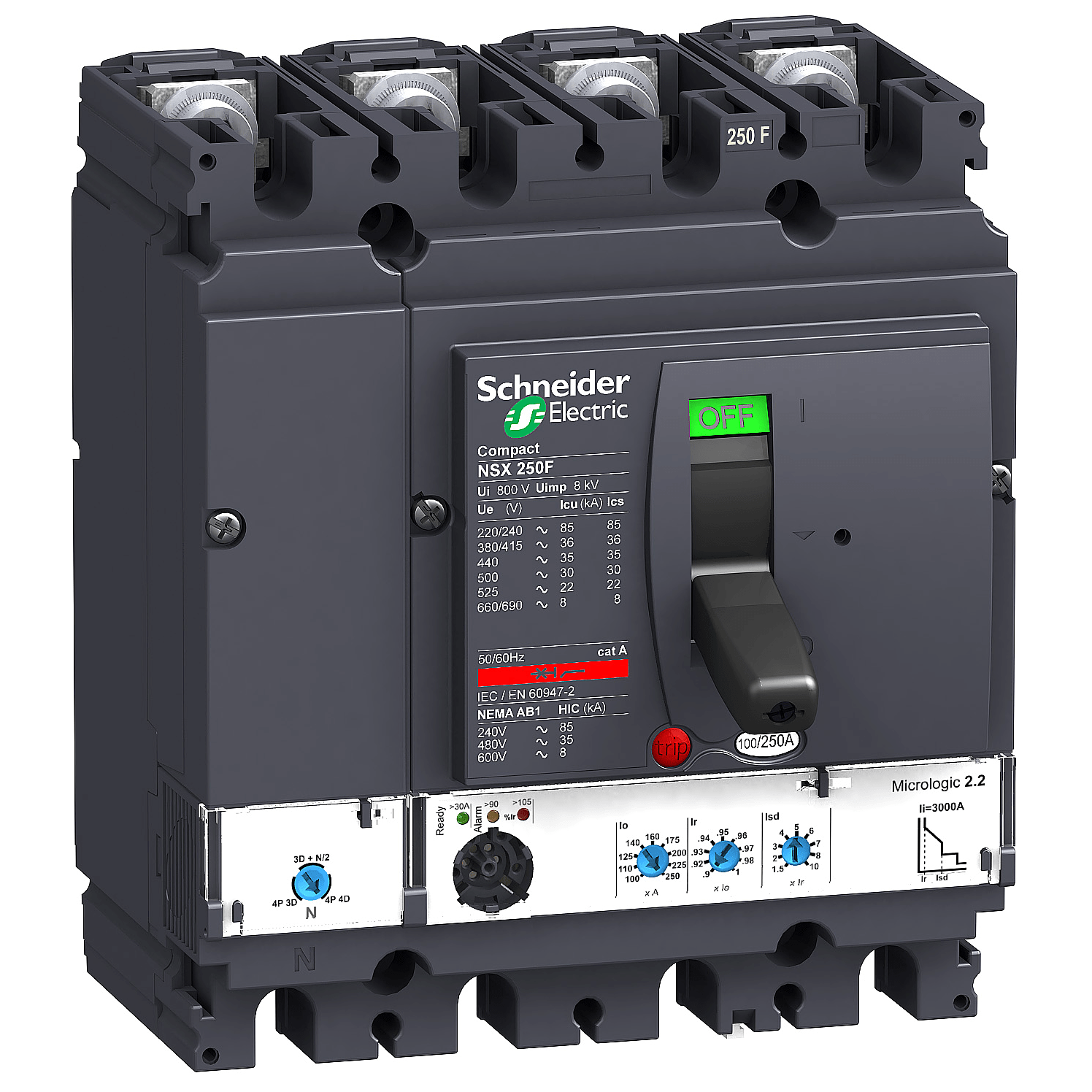 LV431780 – Circuit breaker ComPact NSX250F, 36 kA at 415 VAC, MicroLogic 2.2 trip unit 250 A, 4 poles 4d | Schneider Electric