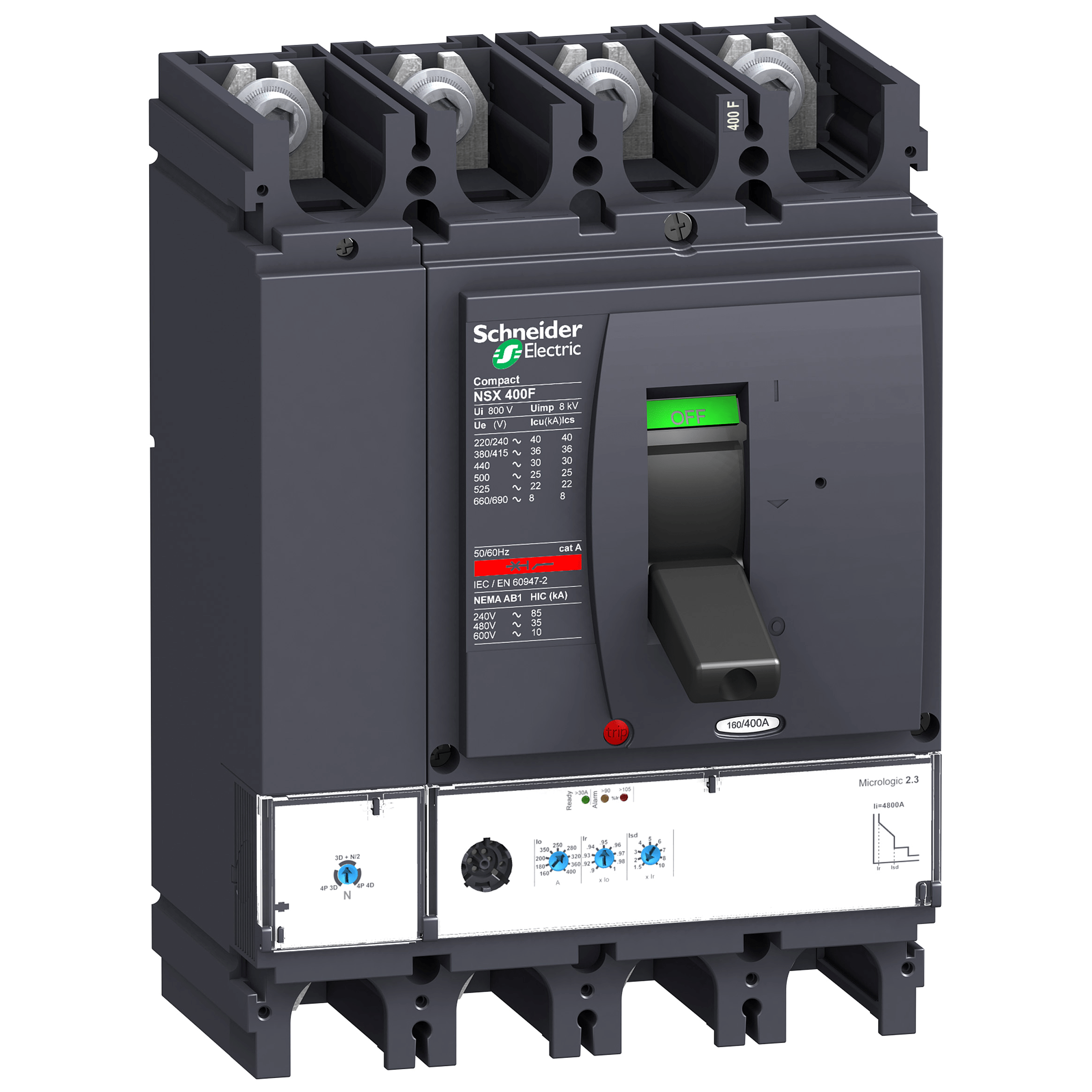 LV432683 – Circuit breaker ComPact NSX400F, 36 kA at 415 VAC, MicroLogic 2.3 trip unit 250 A, 4 poles 4d | Schneider Electric