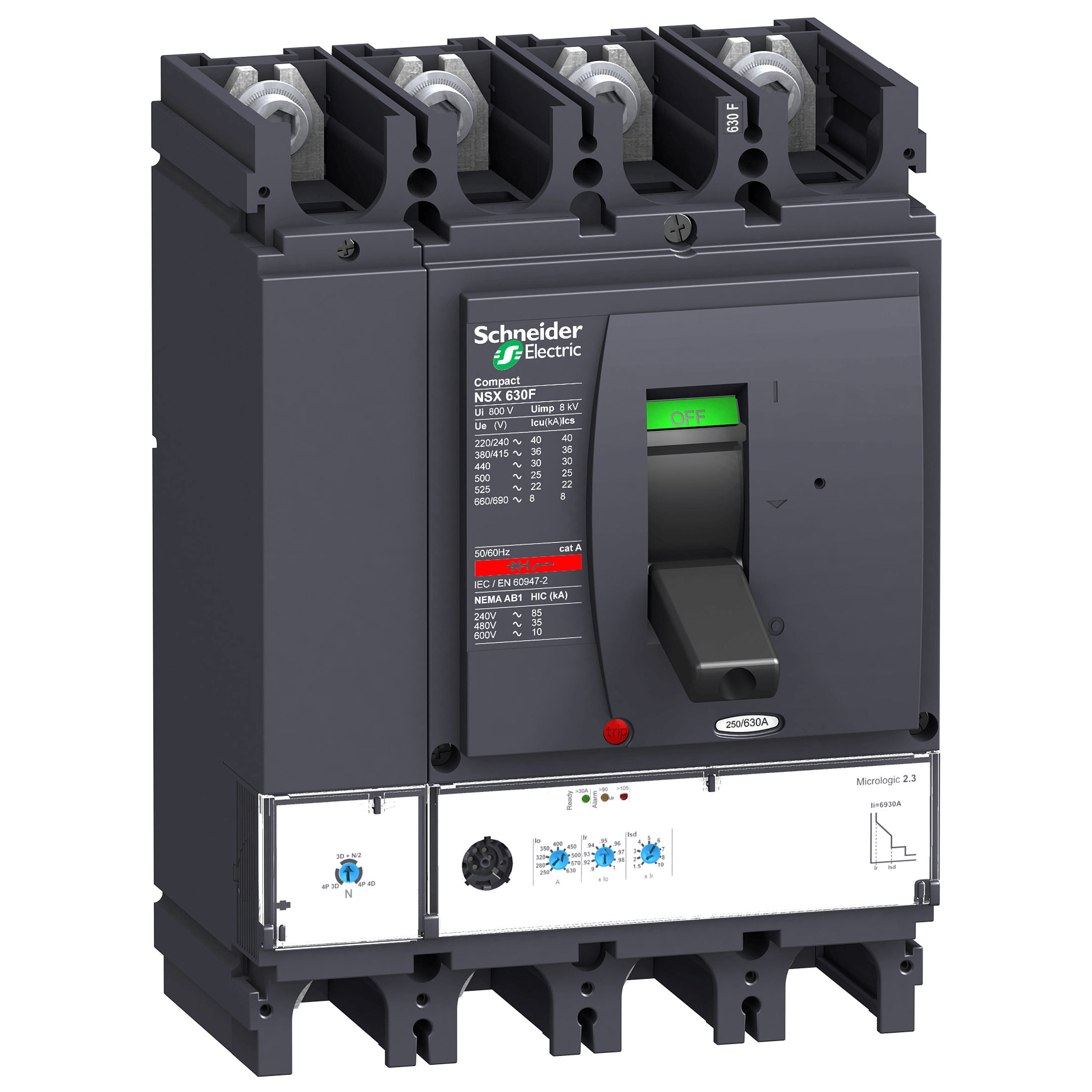 LV432896 - circuit breaker ComPact NSX630H, 70 kA at 415 VAC, MicroLogic 2.3 trip unit 630 A, 4 poles 4d Schneider Electric