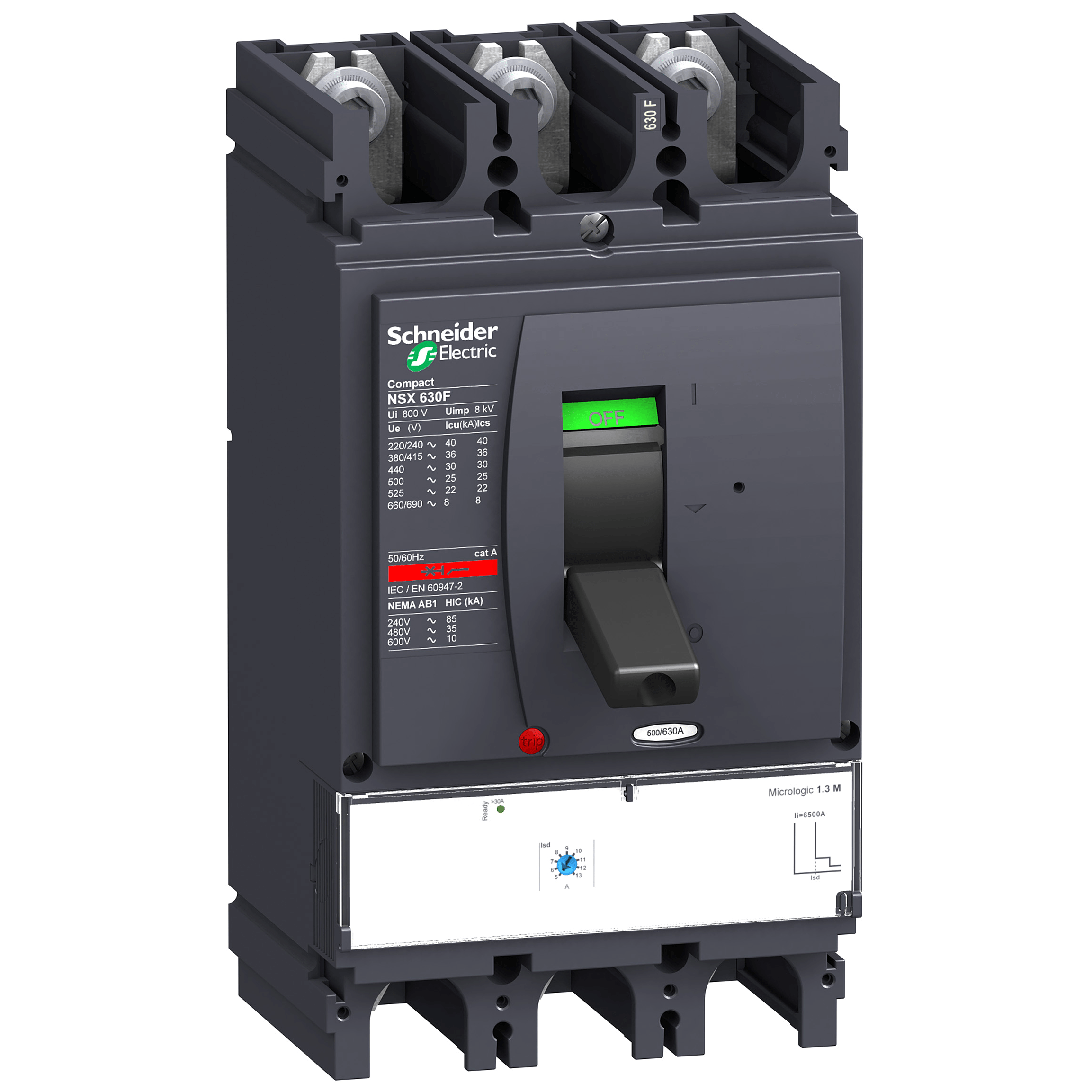 LV432949 - circuit breaker ComPact NSX630N, 50 kA at 415 VAC, MicroLogic 1.3 M trip unit 500 A, 3 poles 3d Schneider Electric