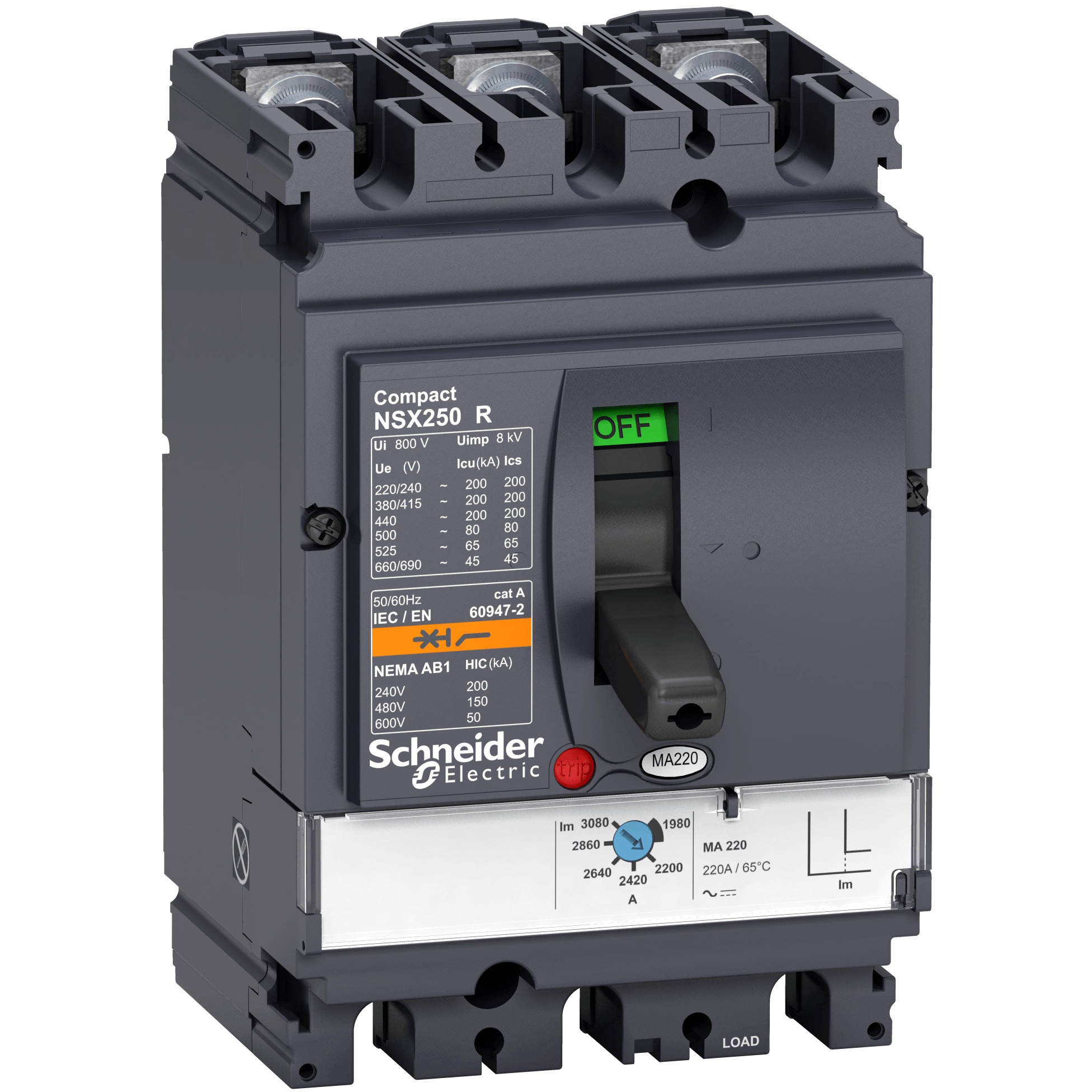 LV433242 - circuit breaker ComPact NSX100R, 200 kA at 415 VAC, MA trip unit 12.5 A, 3 poles 3d Schneider Electric