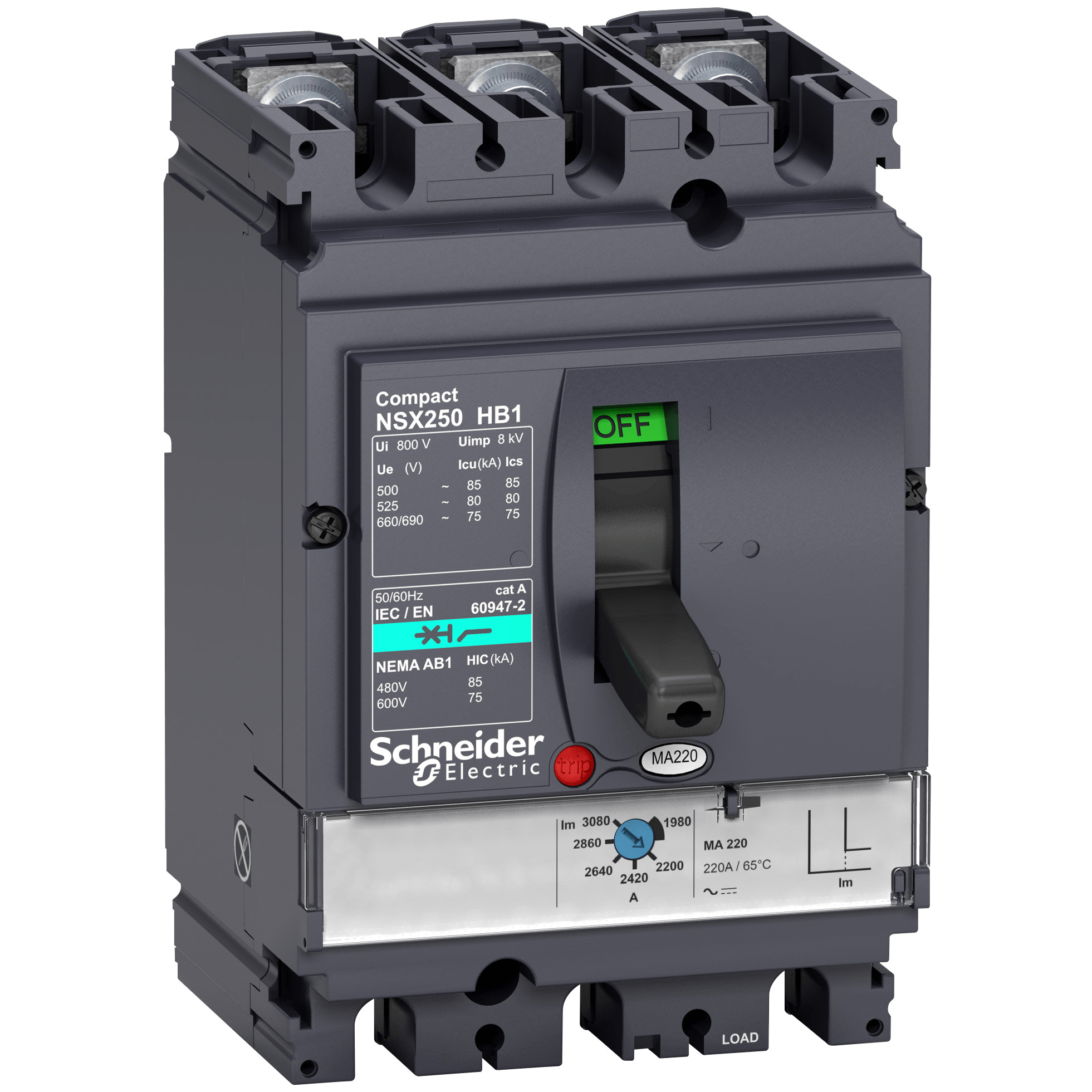 LV433249 - circuit breaker ComPact NSX100HB1, 75 kA at 690 VAC, MA trip unit 25 A, 3 poles 3d Schneider Electric