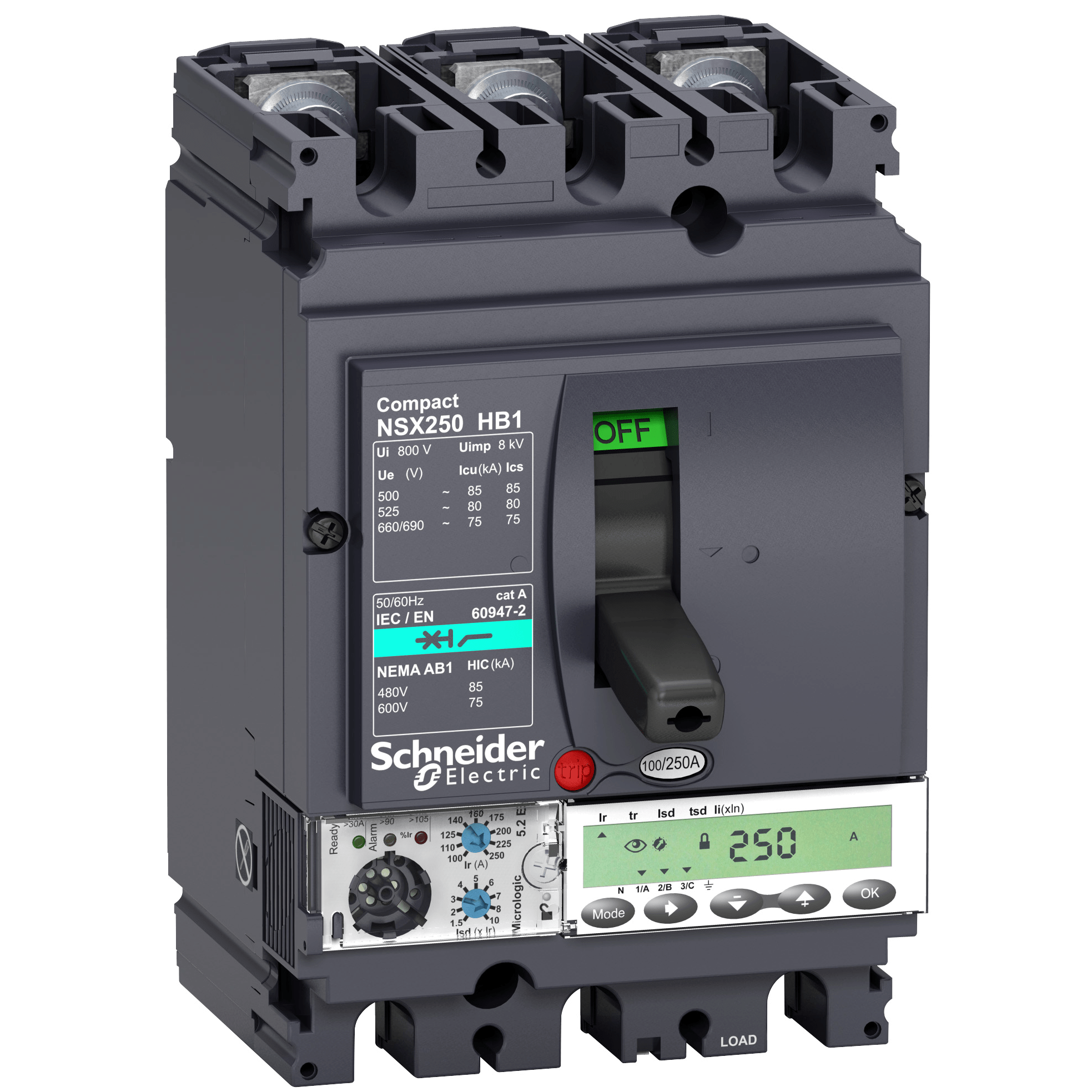 circuit breaker ComPact NSX100HB1, 75 kA at 690 VAC, MicroLogic 5.2 E trip unit 100 A, 3 poles 3d