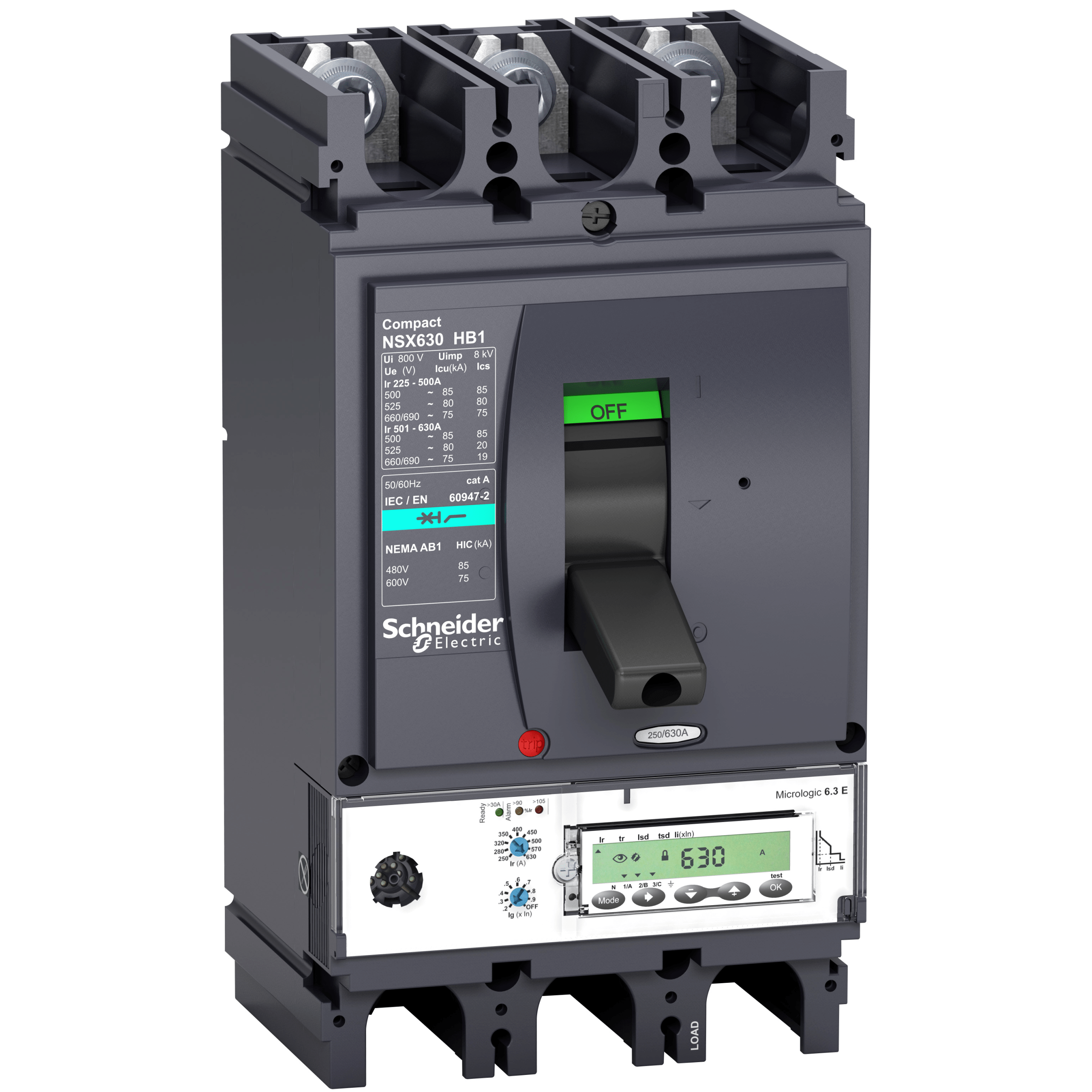 Circuit breaker ComPact NSX630HB1, 75 kA at 690 VAC, MicroLogic 6.3 E trip unit 630 A, 3 poles 3d