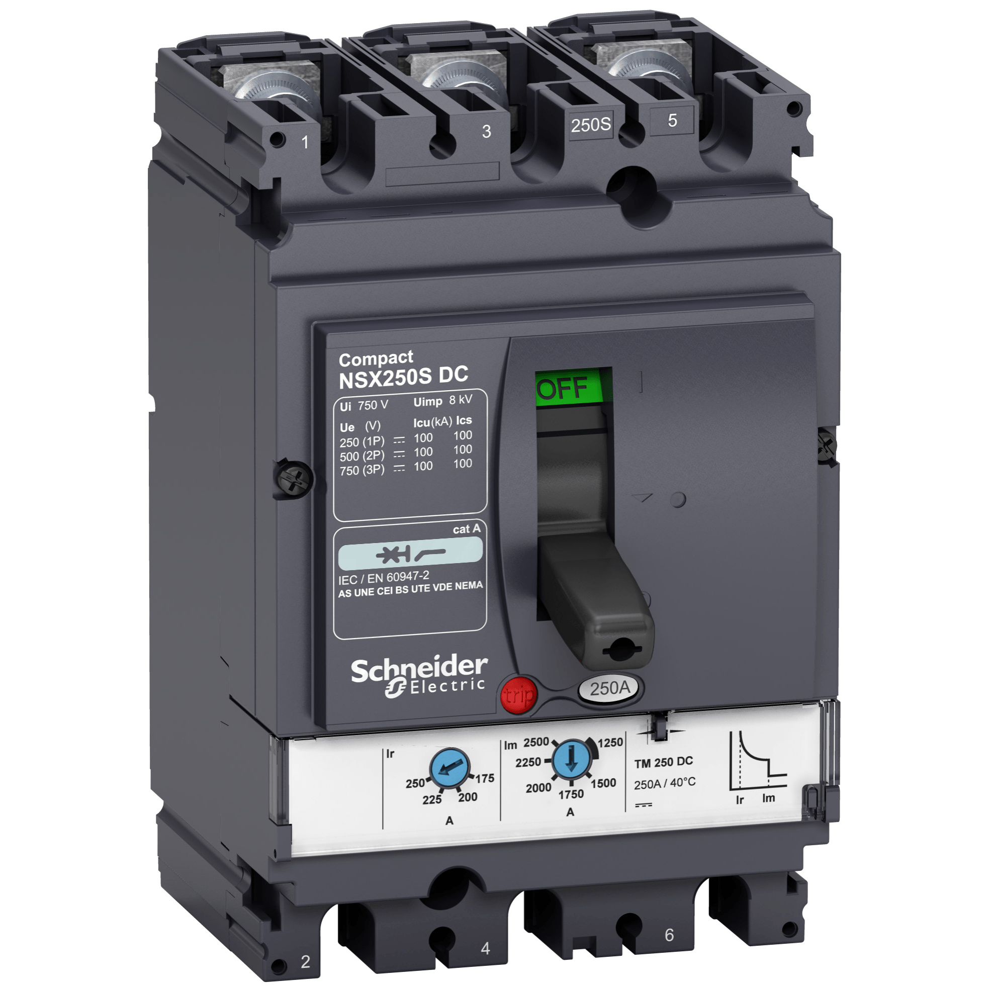 LV438275 - circuit breaker ComPact NSX250S DC, 100 kA at 750 VDC, TM-DC trip unit, 250 A rating, 3 poles Schneider Electric
