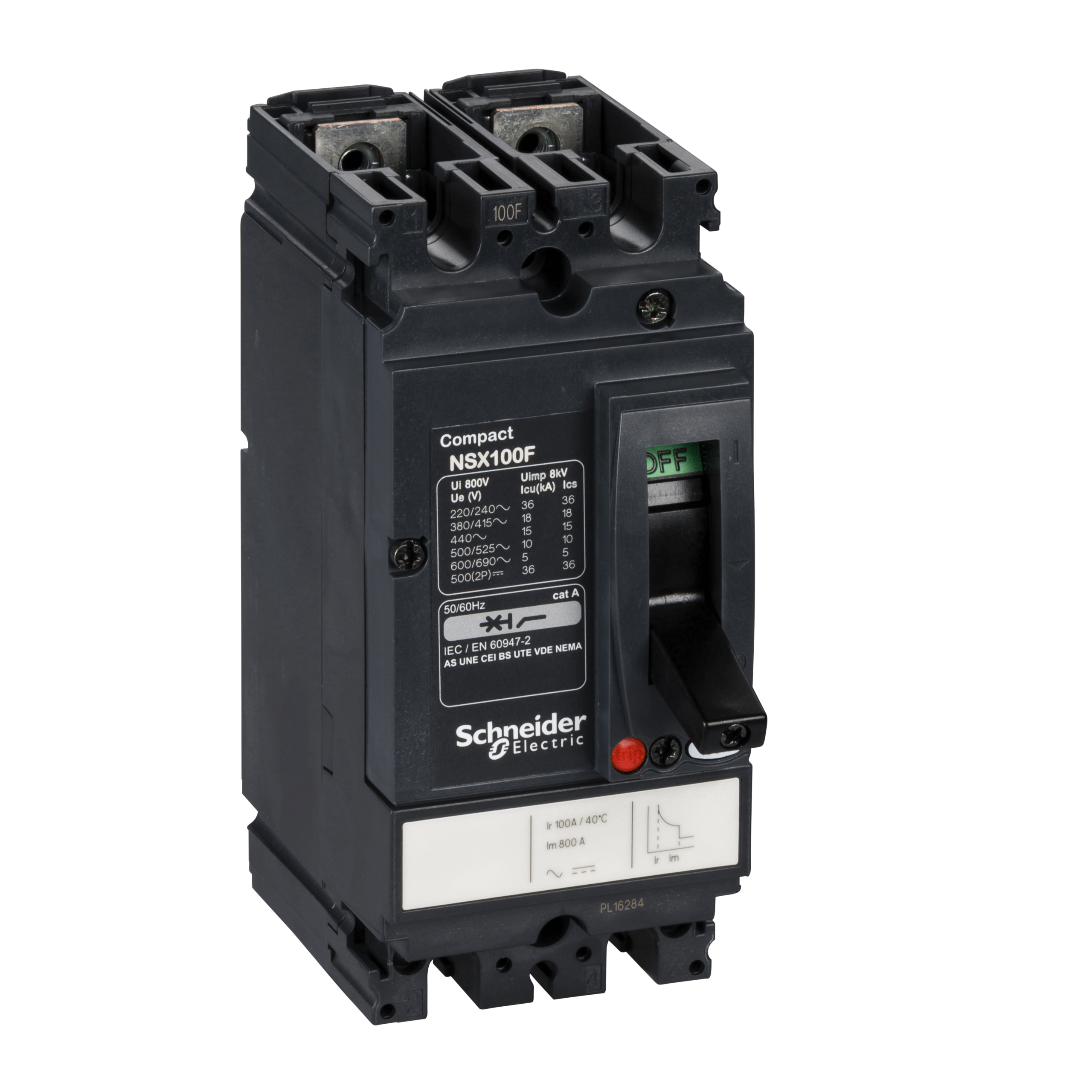 circuit breaker ComPact NSX100F AC/DC, 18 kA at 415 VAC, TMD trip unit 100 A, 2 poles 2d