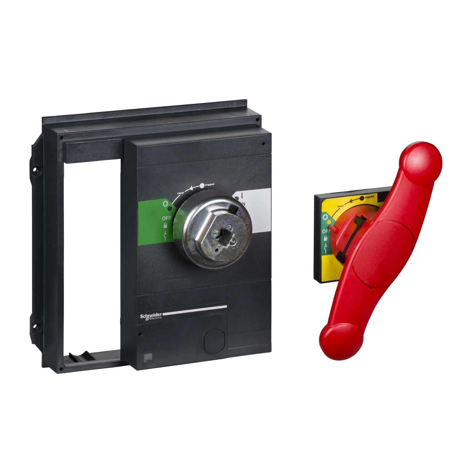 Extended rotary handle, ComPact NS630b to NS1600 fixed, red handle on yellow front, shaft length 218 to 605 mm, IP55