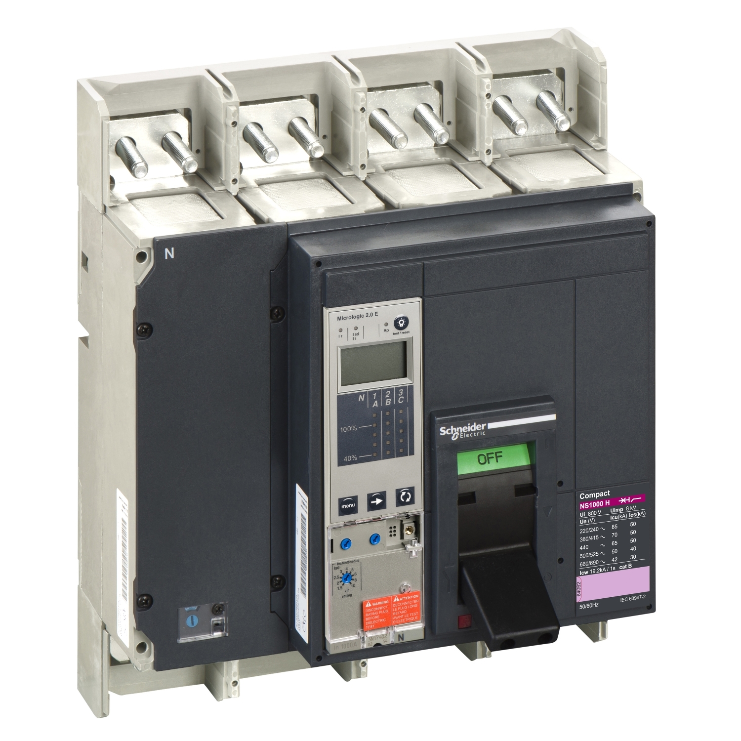 Circuit breaker ComPact NS1000H, 70 kA at 415 VAC, Micrologic 2.0 E trip unit, 1000 A, fixed,4 poles 4d