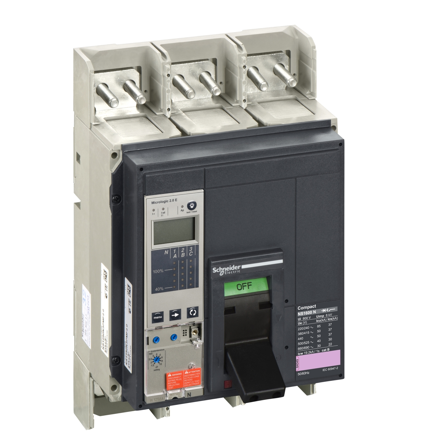 Circuit breaker ComPact NS1600N, 50 kA at 415 VAC, Micrologic 2.0 E trip unit, 1600 A, fixed,3 poles 3d