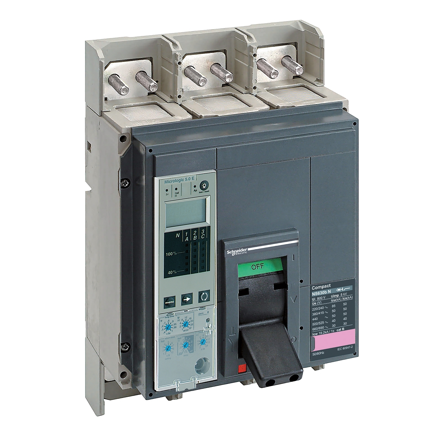 Circuit breaker ComPact NS630bN, 50 kA at 415 VAC, Micrologic 5.0 E trip unit, 630 A, fixed,3 poles 3d