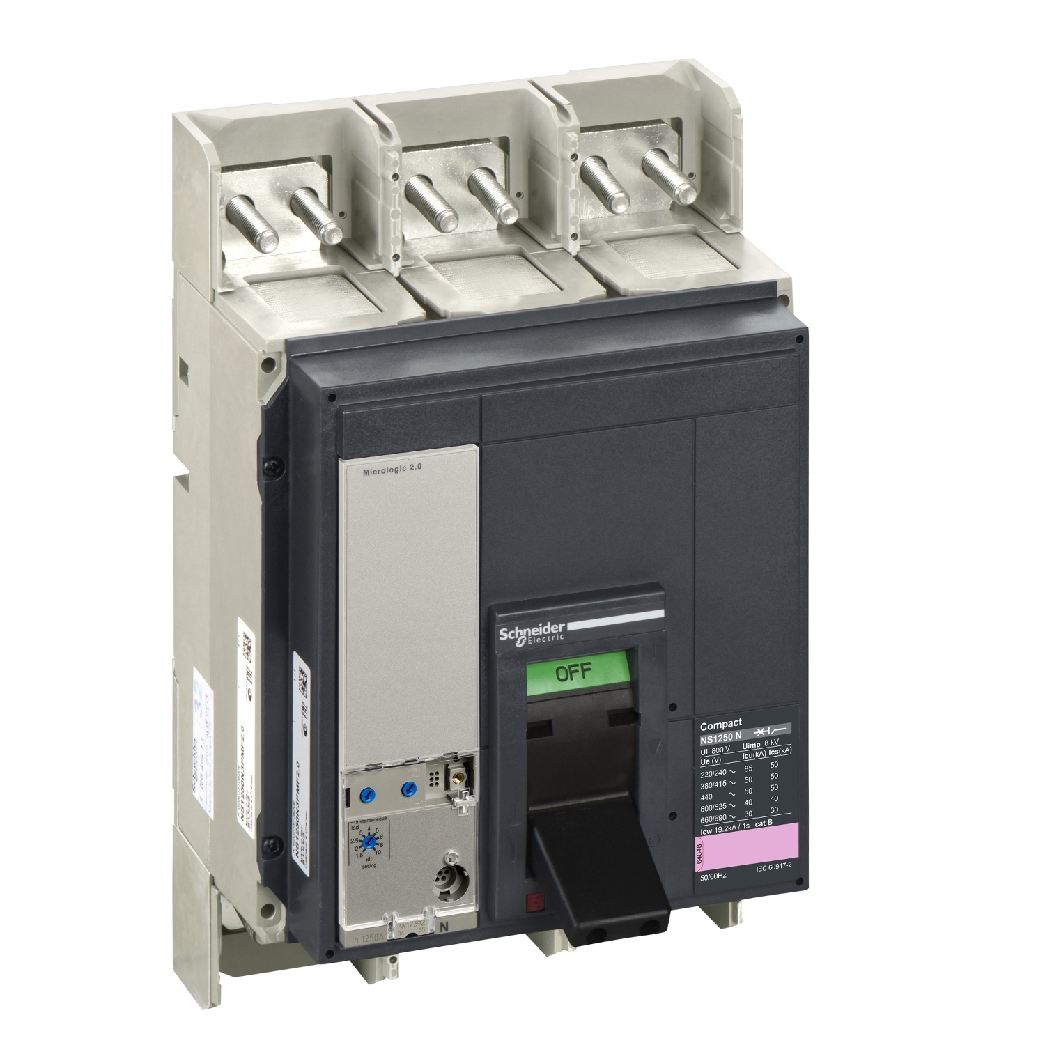 Circuit breaker ComPact NS1250N, 50 kA at 415 VAC, Micrologic 5.0 E trip unit, 1250 A, fixed,3 poles 3d