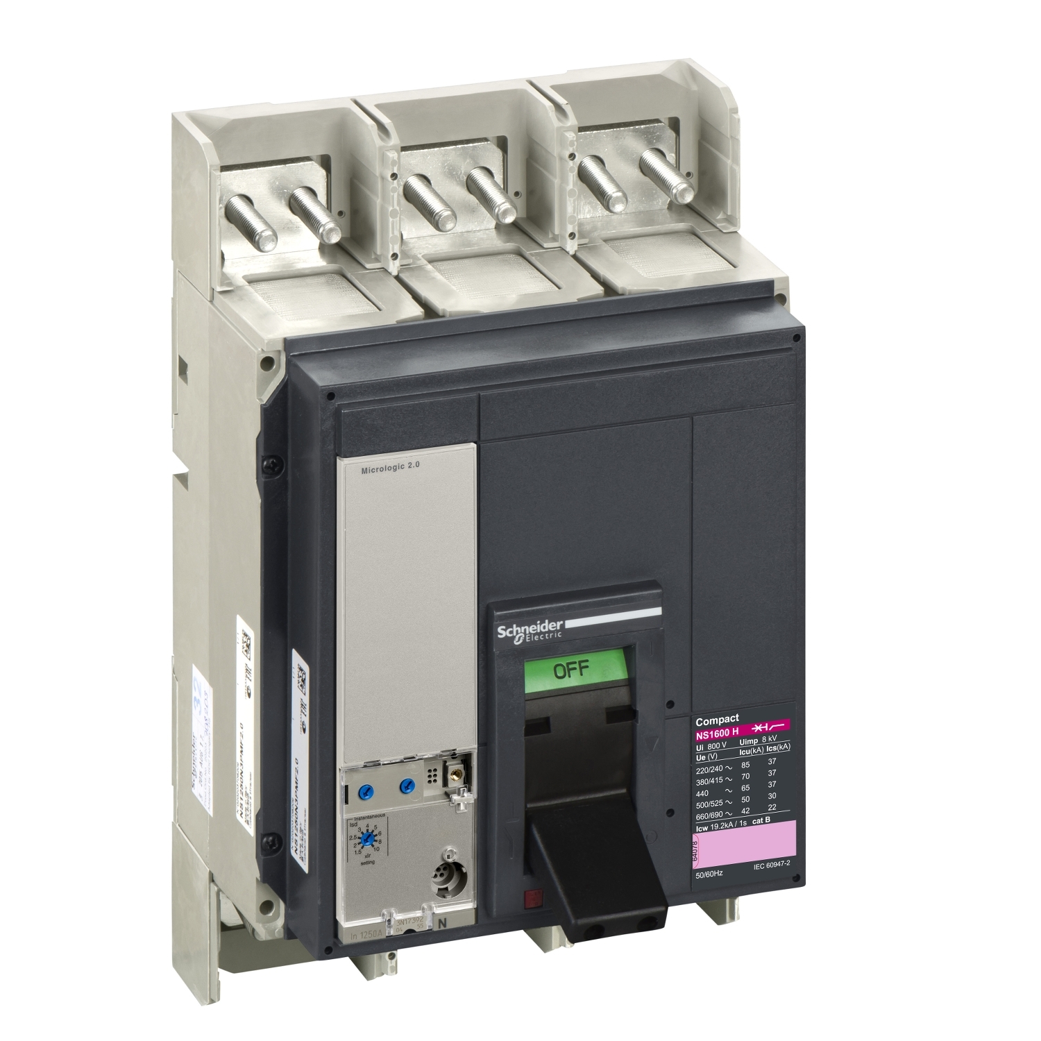 Circuit breaker ComPact NS1600H, 70 kA at 415 VAC, Micrologic 5.0 E trip unit, 1600 A, fixed,3 poles 3d