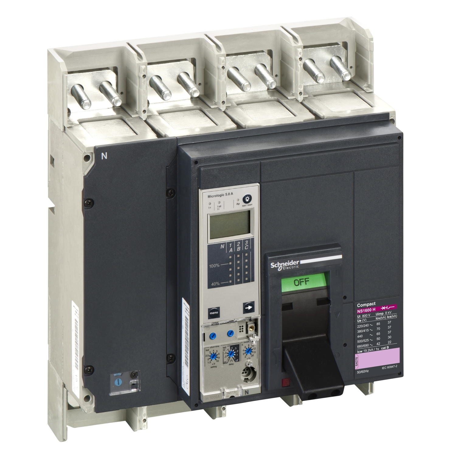 Circuit breaker ComPact NS1600H, 70 kA at 415 VAC, Micrologic 5.0 E trip unit, 1600 A, fixed,4 poles 4d