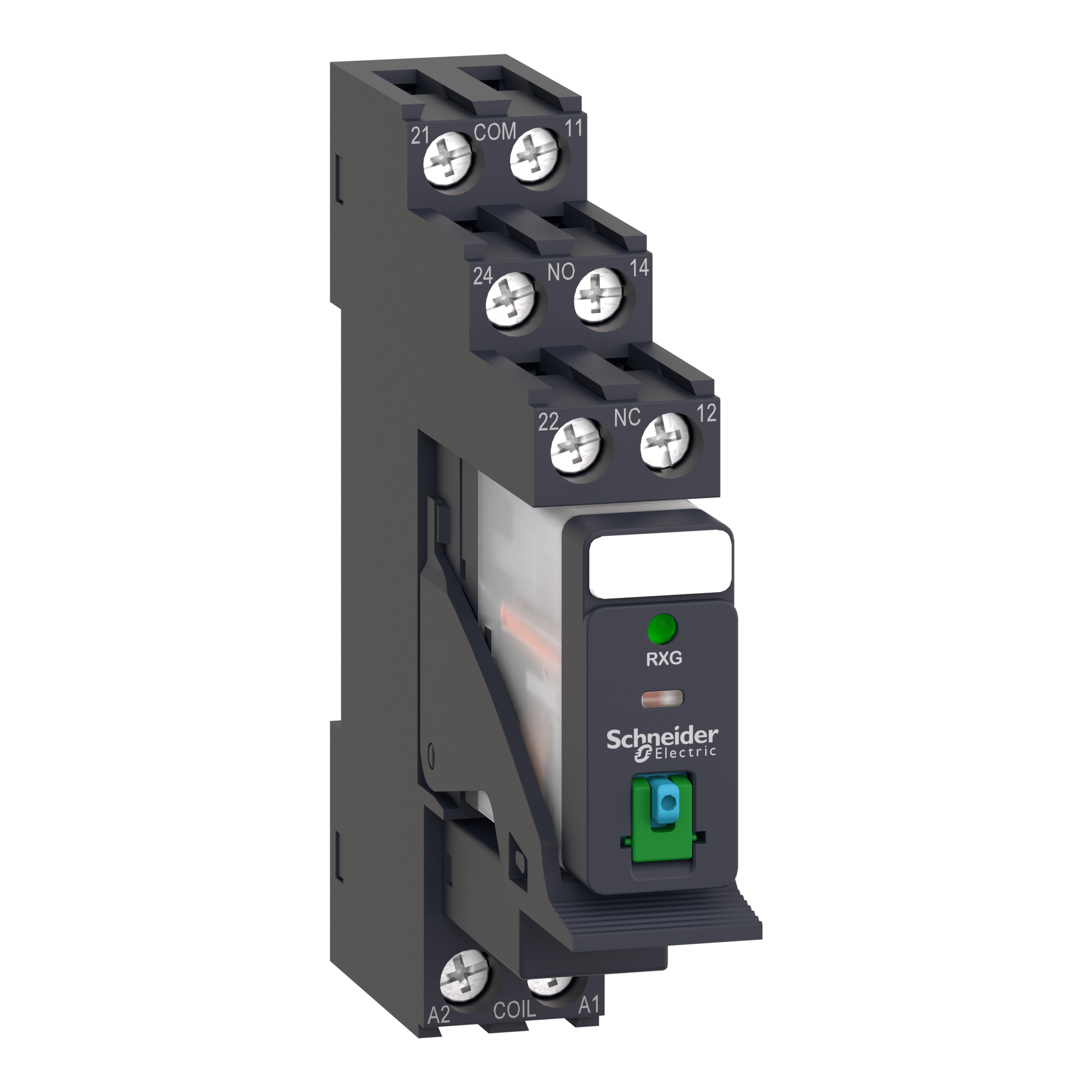RXG22BDPV - Harmony, Interface plug-in relay pre-assembled, 5 A, 2 CO, with LED, with lockable test button, with protection circuit, 24 V DC Schneider Electric