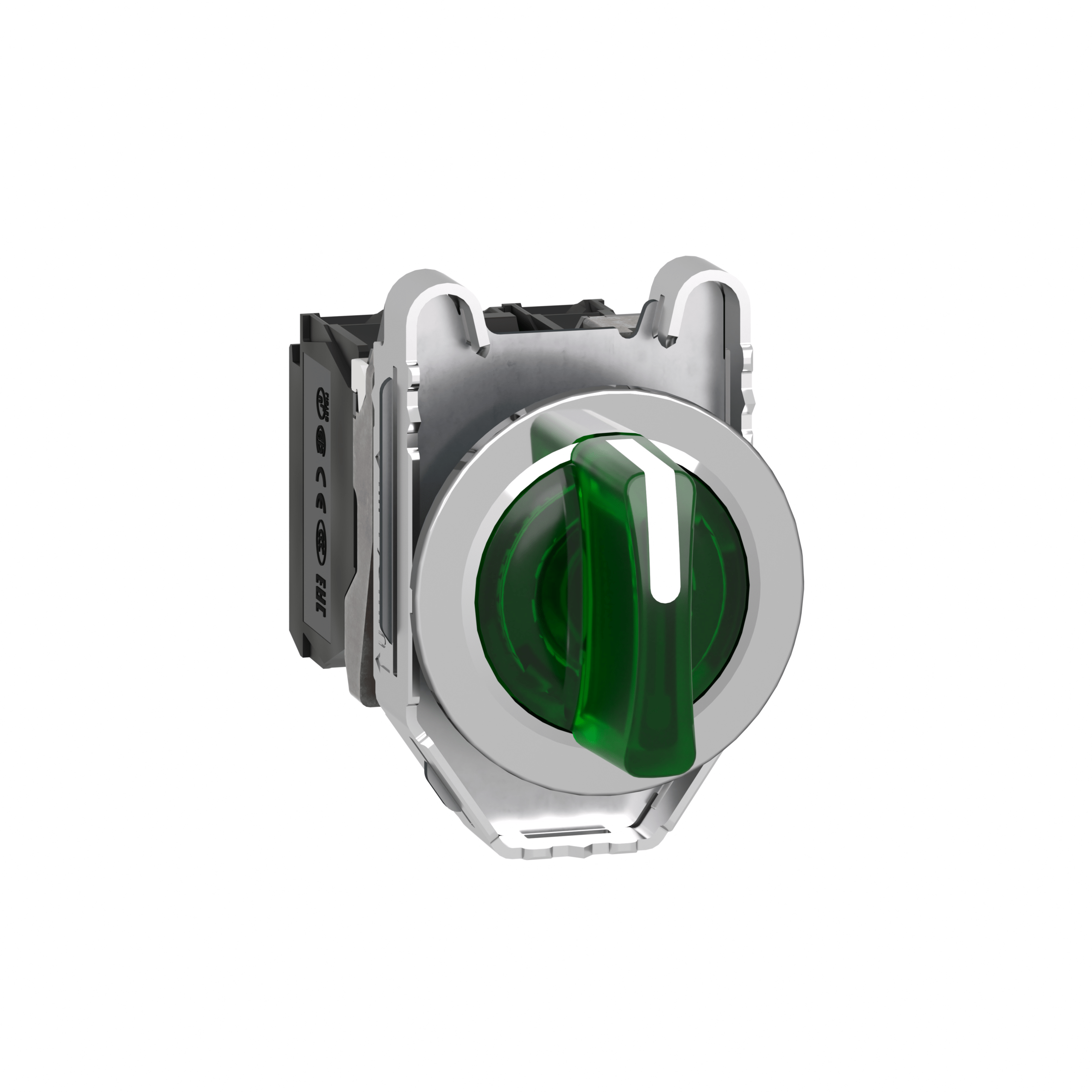 XB4FK133M5 – Harmony XB4, Illuminated selector switch flush mounted, metal, green, Ø30, 3 positions, stay put, 230…240 V A…