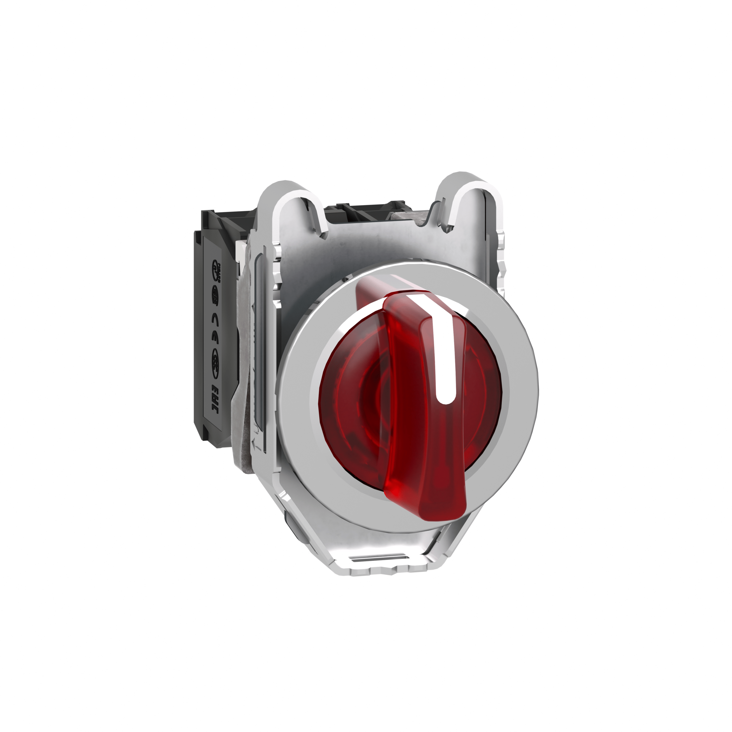 XB4FK134M5 – Harmony XB4, Illuminated selector switch flush mounted, metal, red, Ø30, 3 positions, stay put, 230…240 V AC…