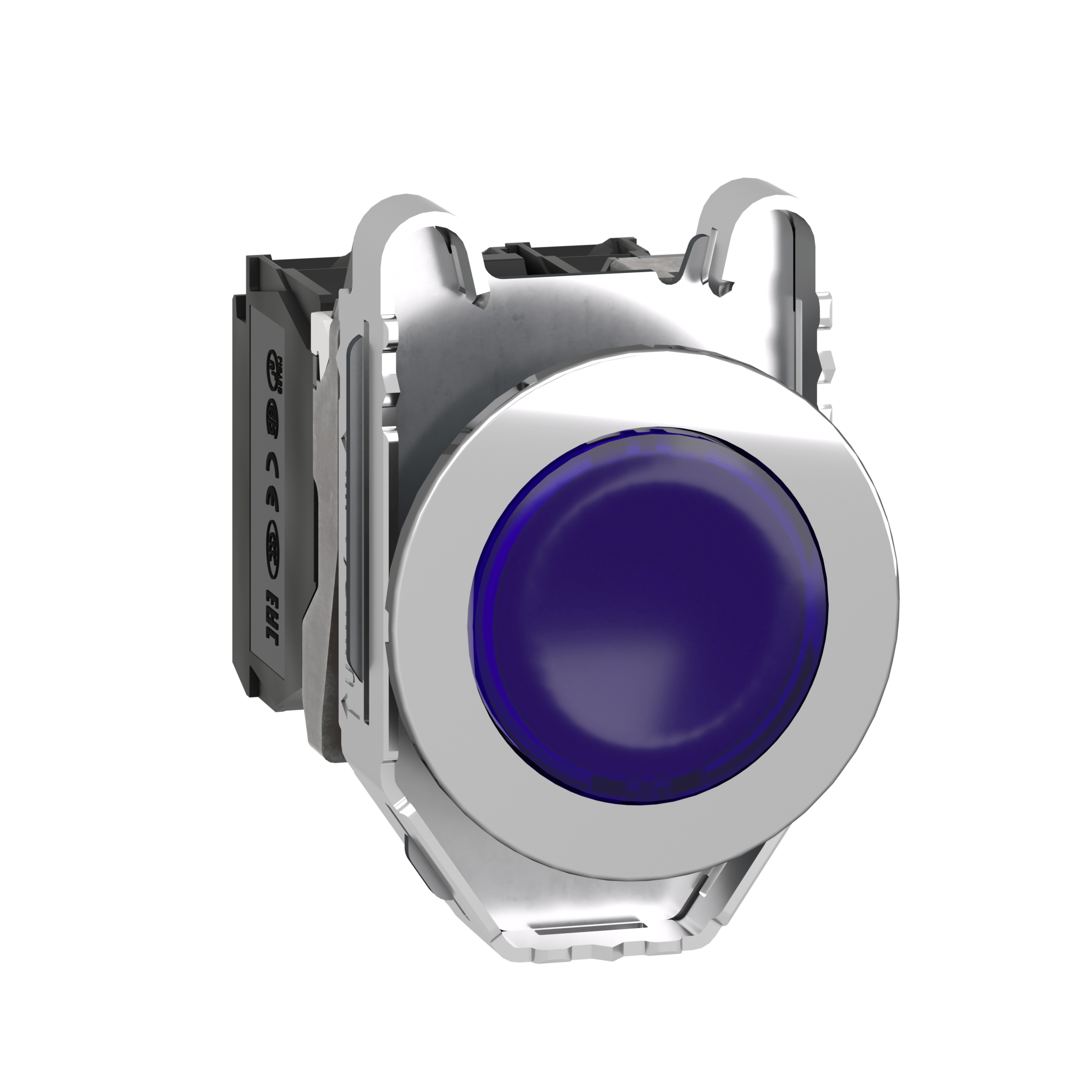 Harmony XB4, Illuminated push button flush mounted, metal, blue, Ø30, integral LED, 230V AC 1 NO + 1 NC