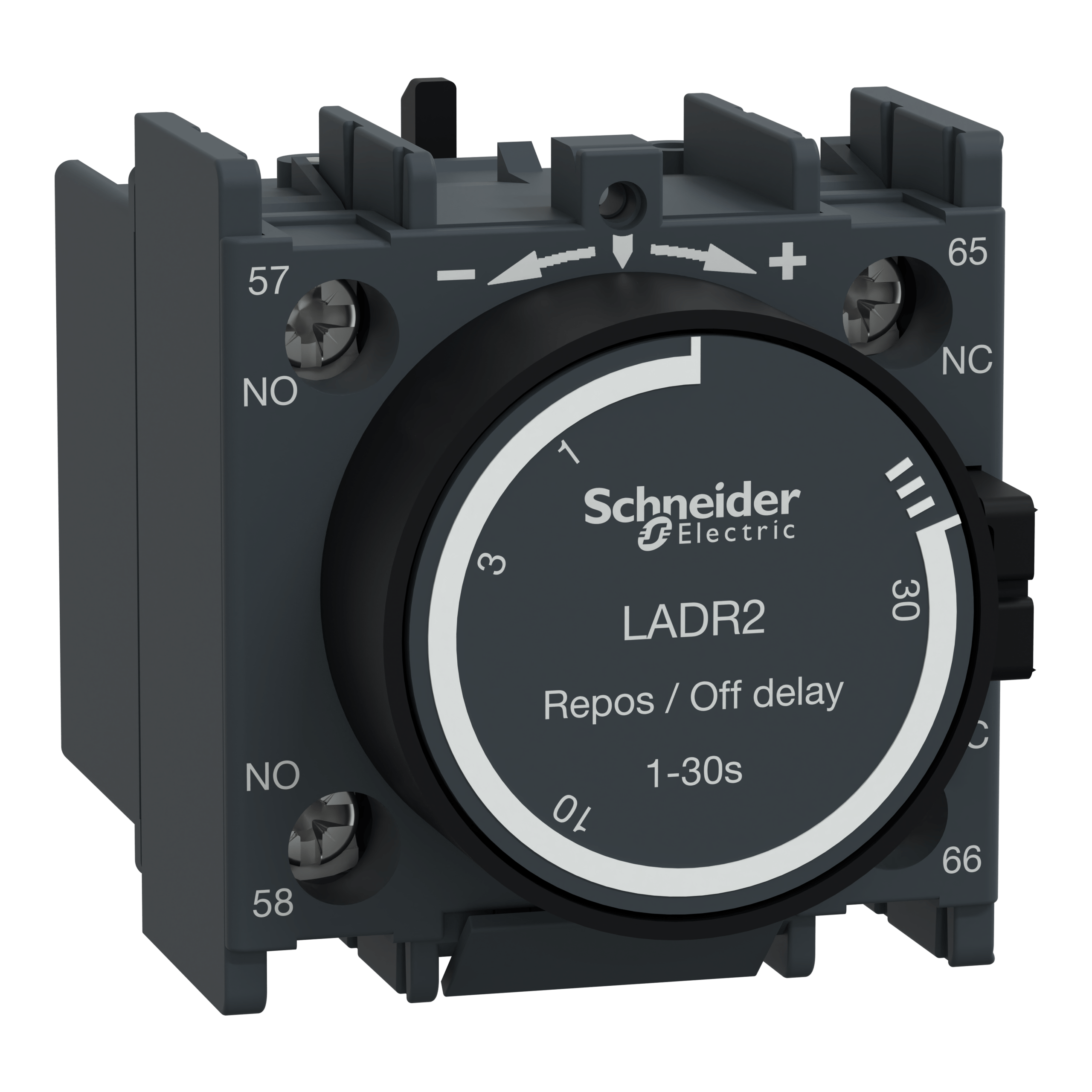 LADR2 – LADR2 - Time delay auxiliary contact block, TeSys D, 1NO + 1NC, off delay 1-30 s, front mounting, screw terminals | Schneider Electric