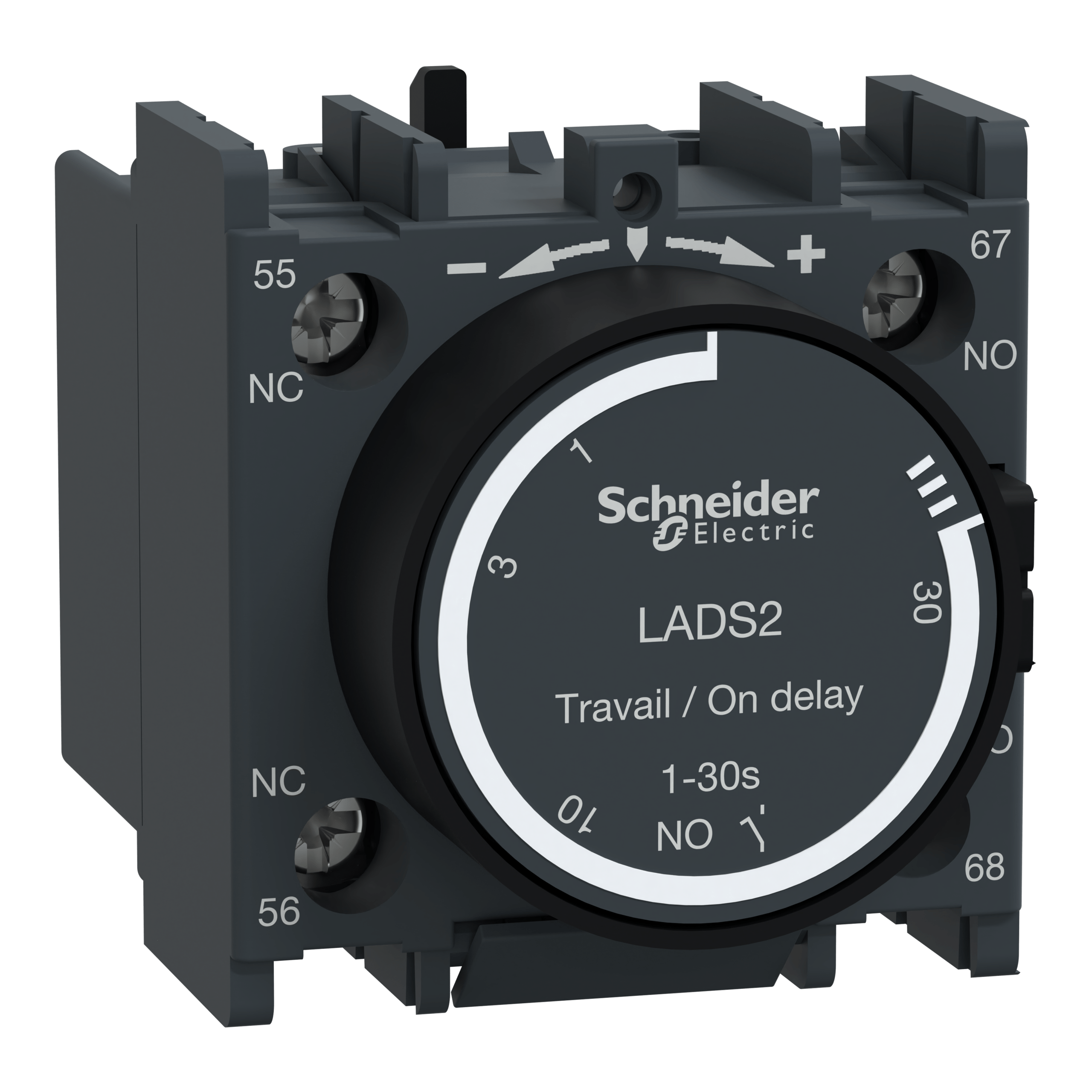 LADS2 - Time delay auxiliary contact block, TeSys D, 1NO + 1NC, on delay 1-30s, front, screw clamp terminals Schneider Electric