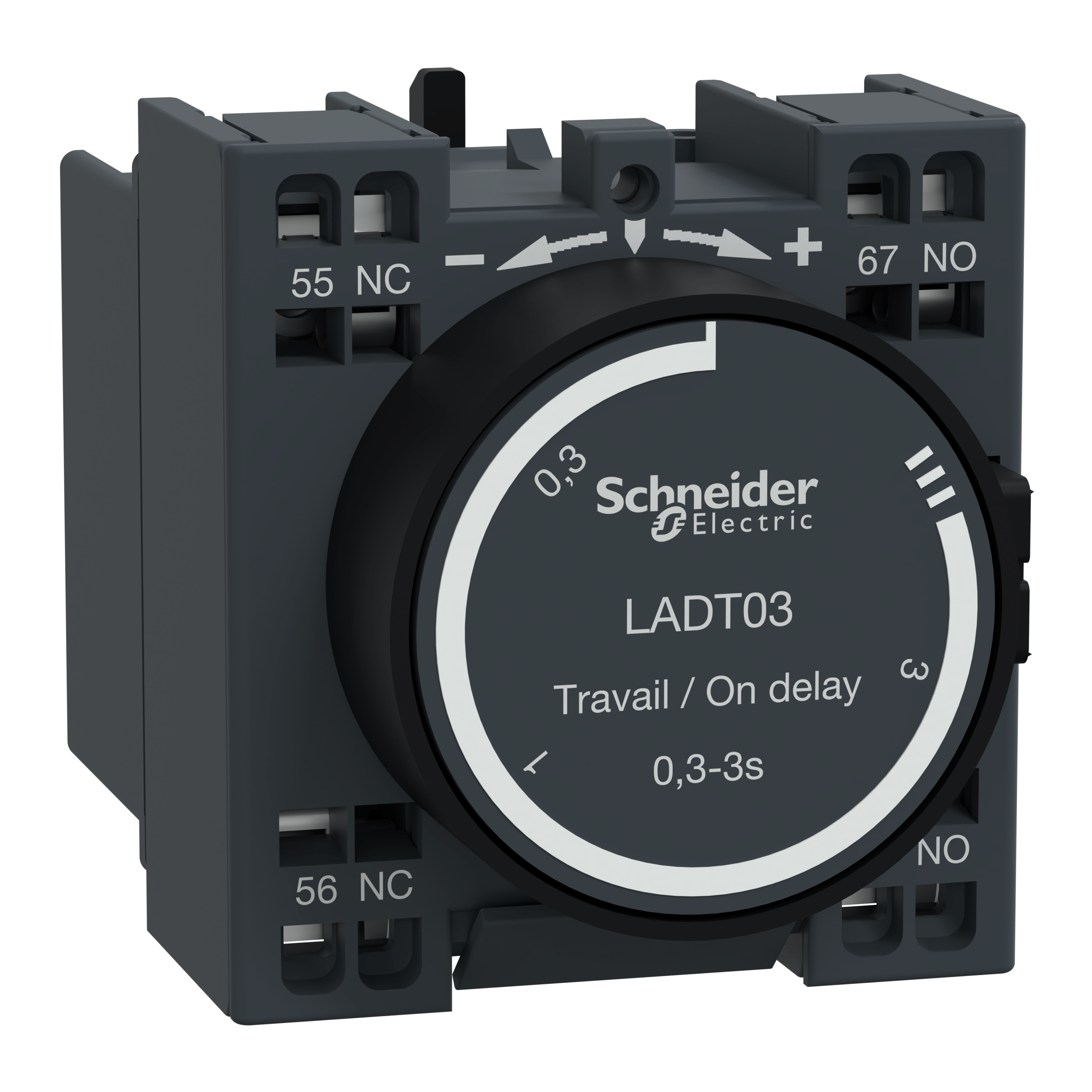 LADT03 – Time delay auxiliary contact block, TeSys D, 1NO + 1NC, on delay 0.3-3s, front, spring terminals | Schneider Electric