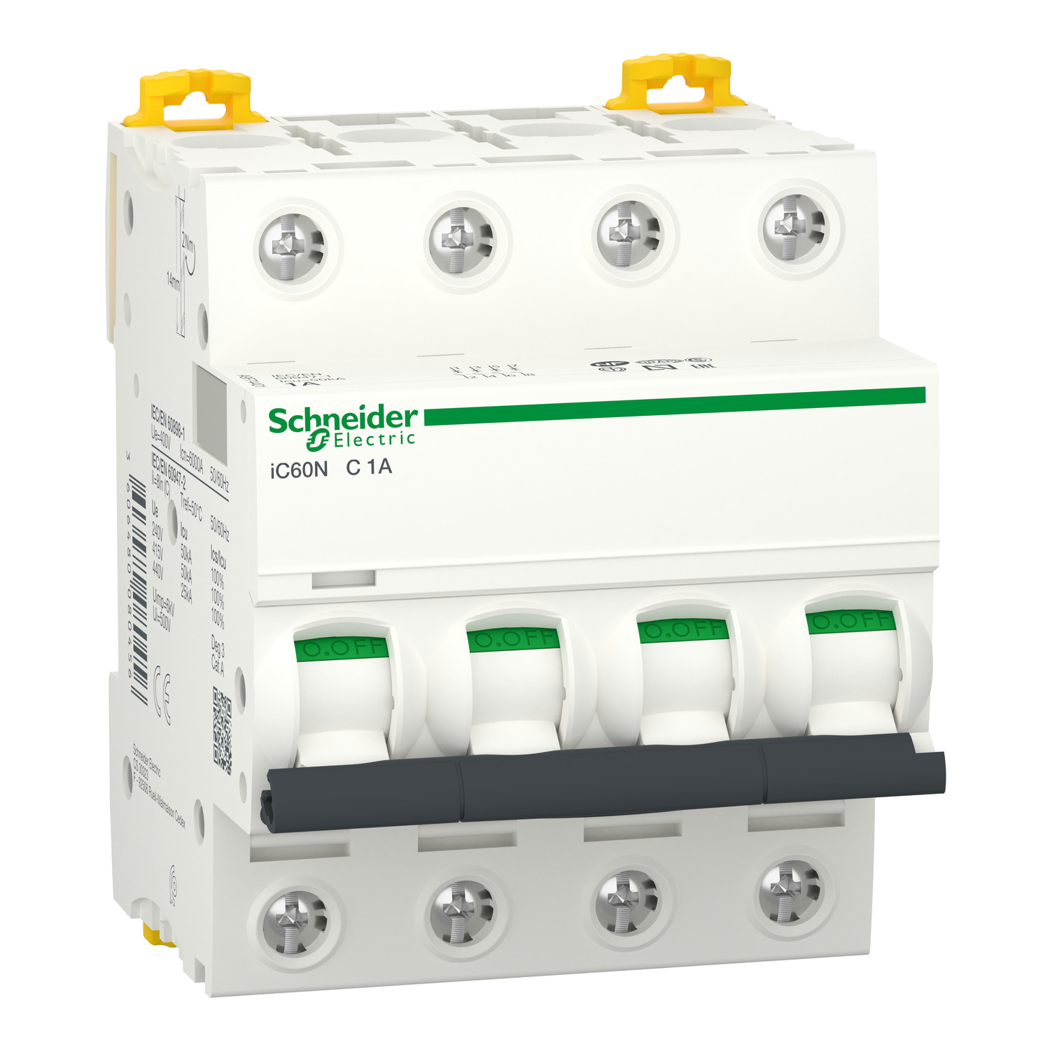 Miniature circuit-breaker, Acti9 iC60N, 4P, 1 A, C curve, 6000 A (IEC 60898-1), 50 kA (IEC 60947-2)